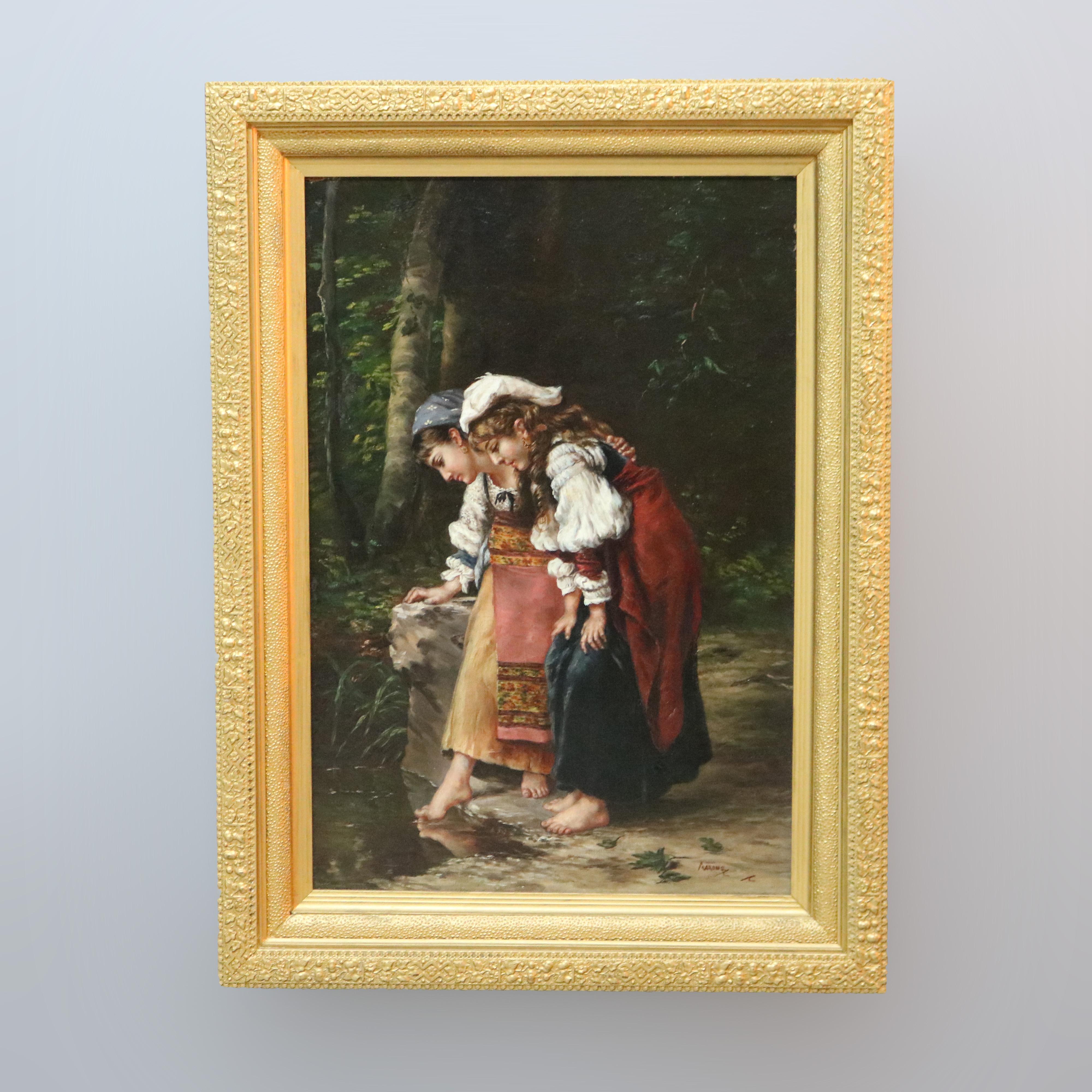 European Antique Oil Painting by Aarons, Genre Scene with Two Young Girls, Circa 1890