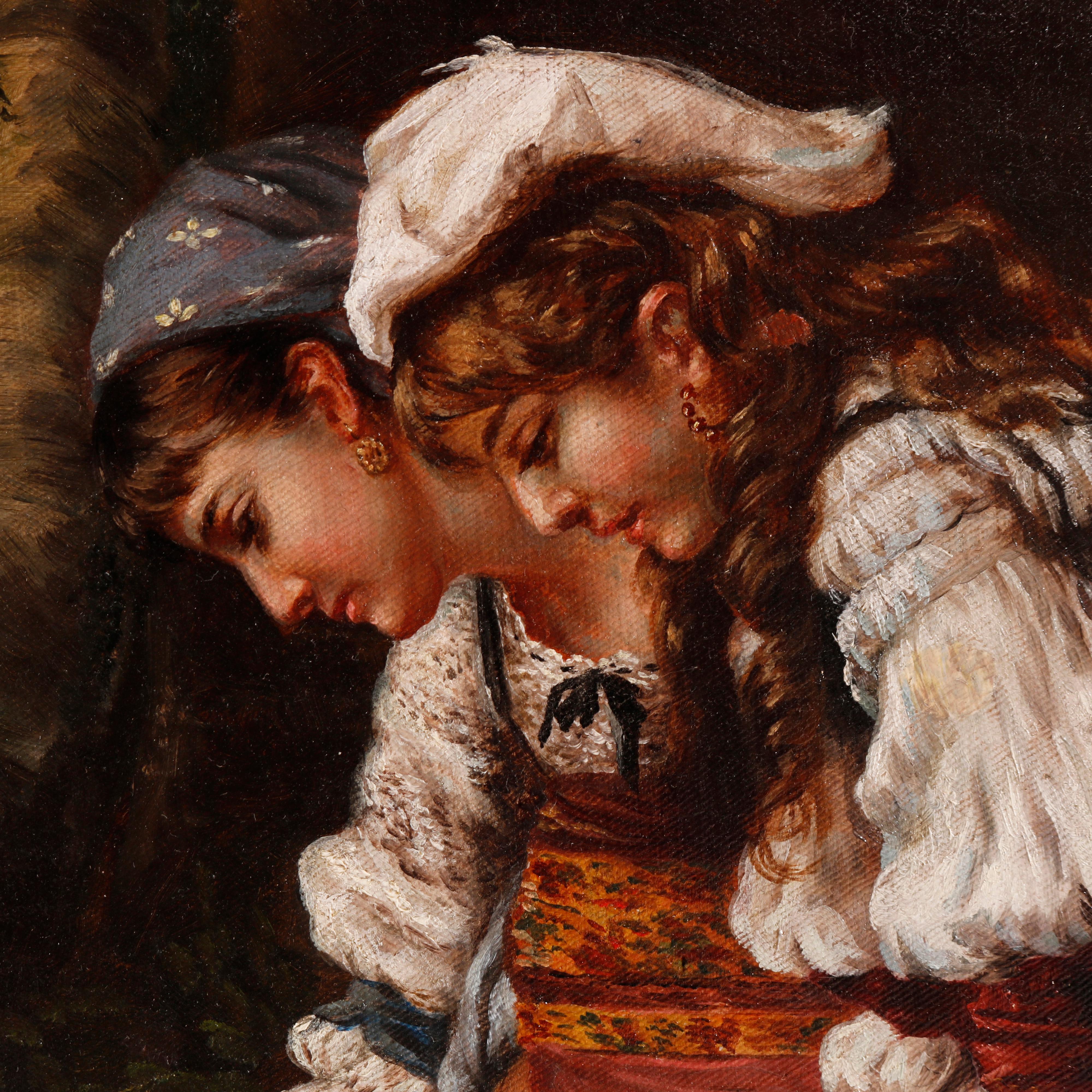 Hand-Painted Antique Oil Painting by Aarons, Genre Scene with Two Young Girls, Circa 1890