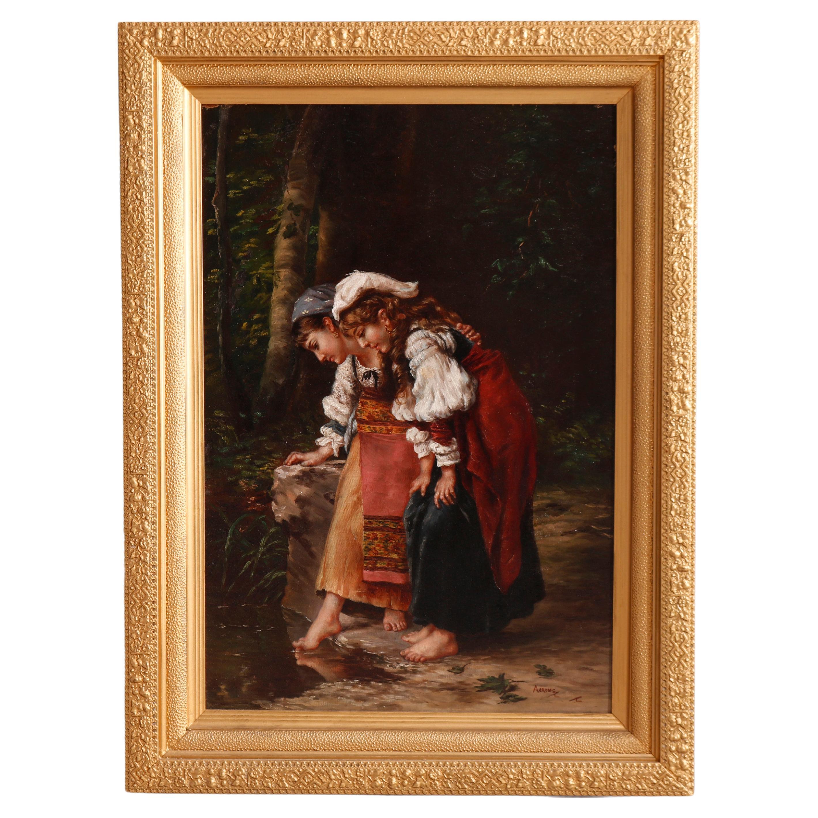 Antique Oil Painting by Aarons, Genre Scene with Two Young Girls, Circa 1890