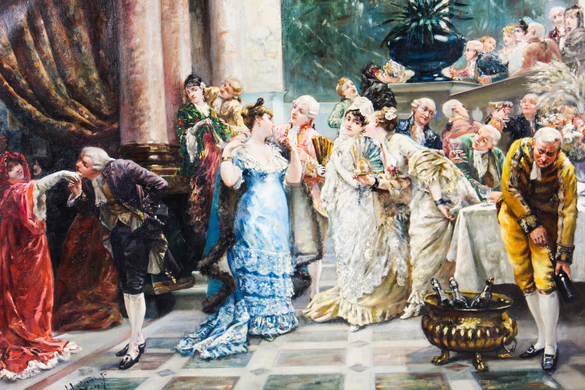 This is a beautiful oil painting by Albert Ludovici Jnr (1852-1932) 'The Get Together', signed and dated 1877.

The painting features very elegantly dressed ladies and gentlemen in a large period ballroom enjoying a soiree.

The painting is