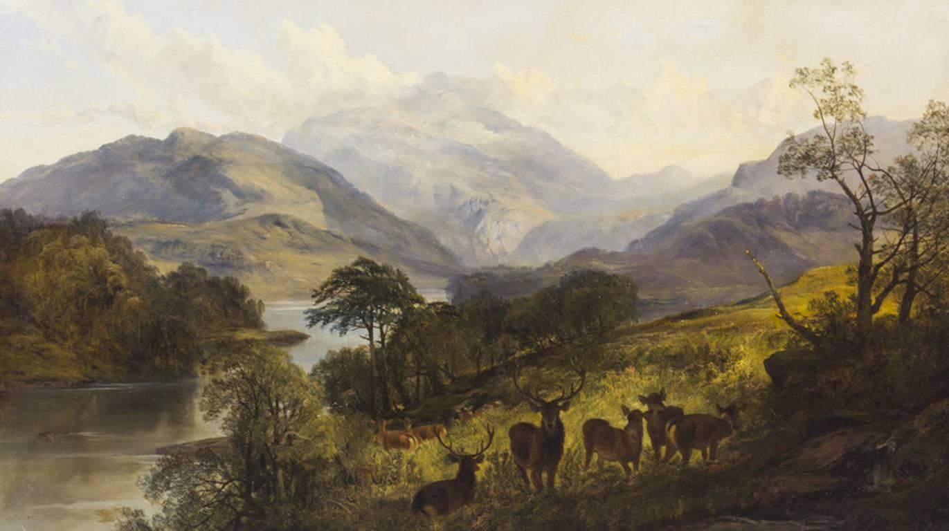 This is a beautiful large oil on canvas painting of the Deer in a Highland lake scene, by the renowned Scottish artist Joseph Denovan Adams (1842-1896), signed and dated 1865 on the lower left.

This beautiful landscape captures a striking view of