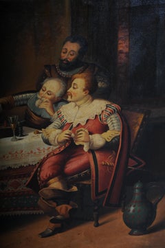 Antique oil painting chess round in Renaissance style around 1890