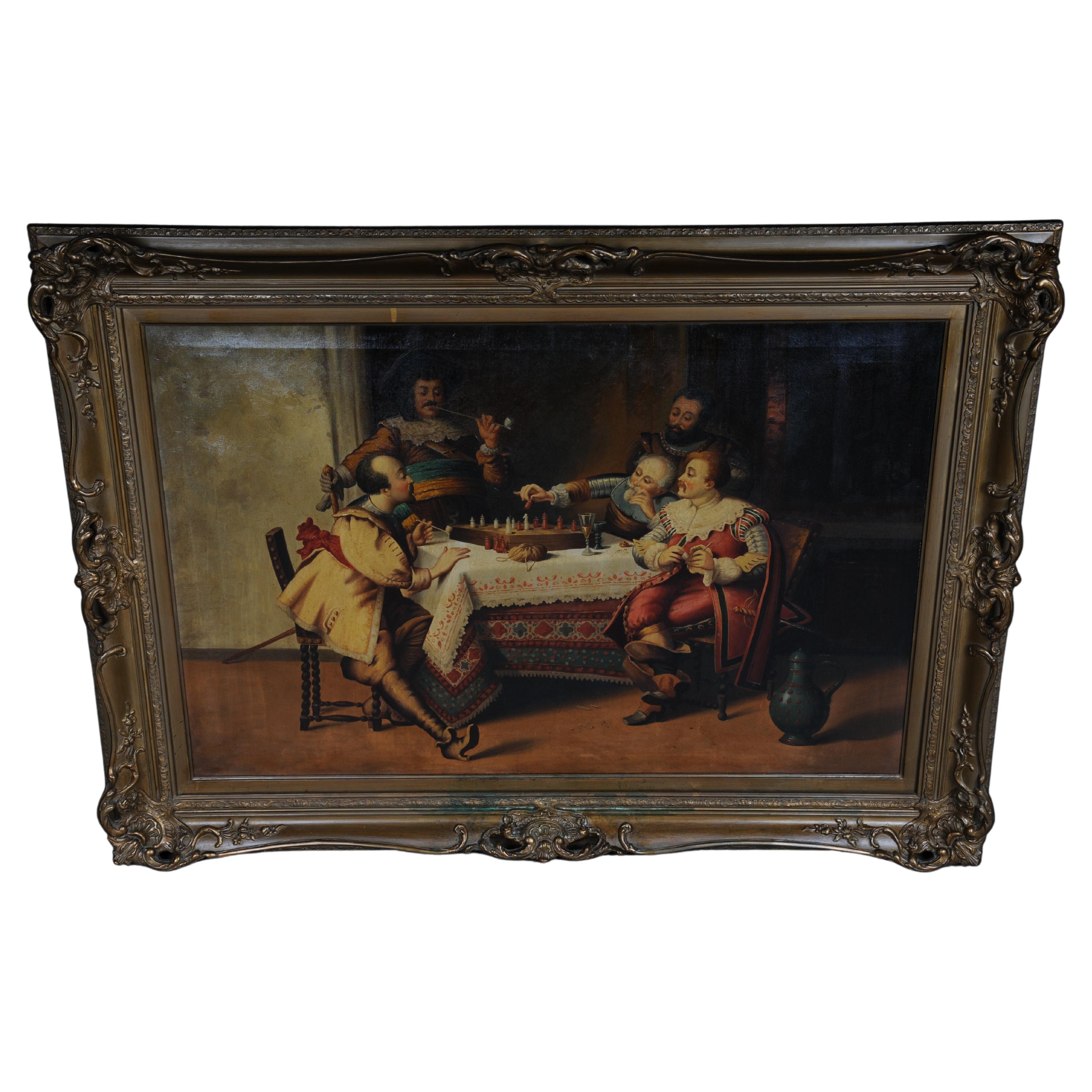 Cuadro antiguo al óleo ajedrez redondo en estilo renacentista hacia 1890