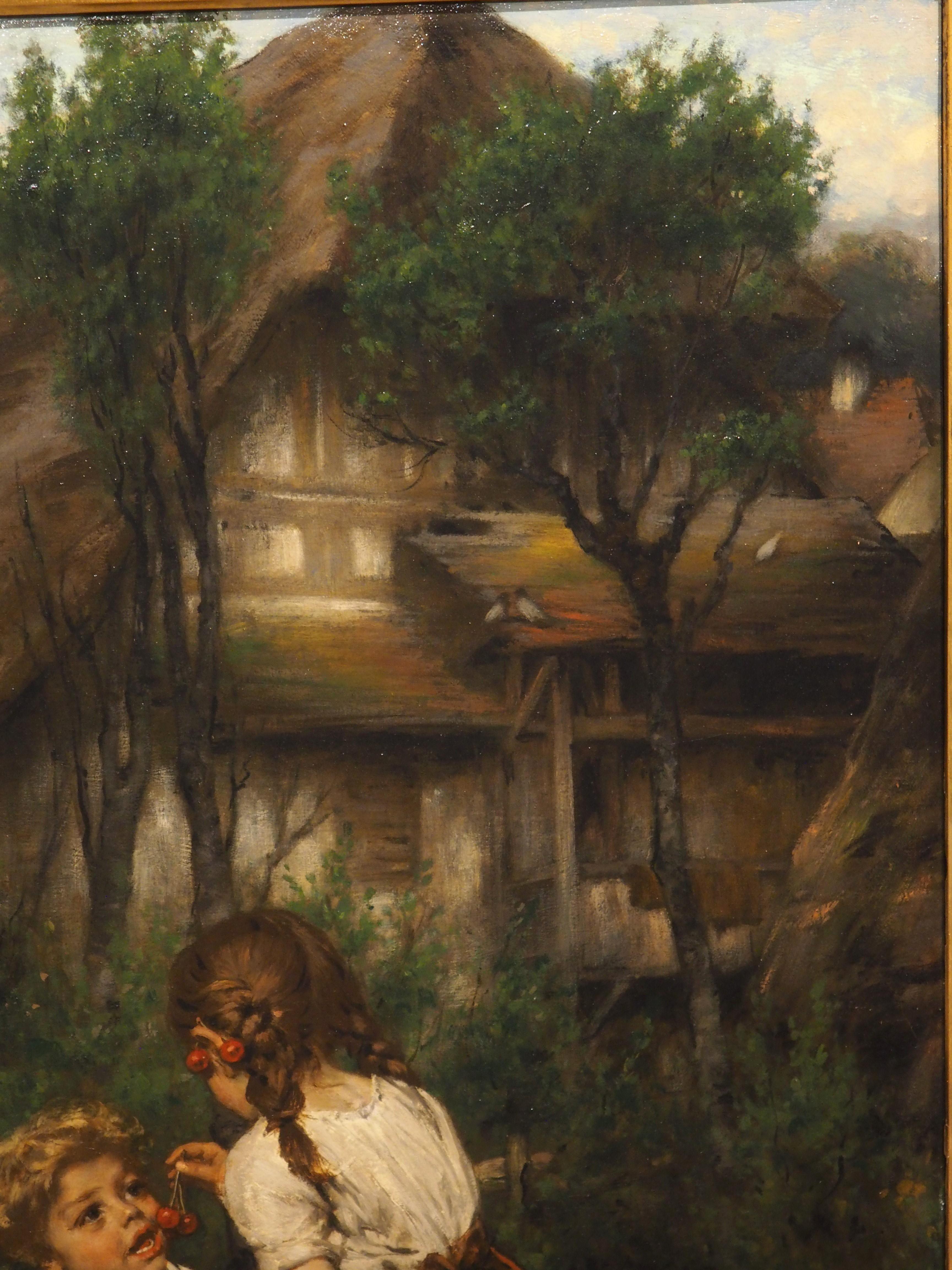Peinture à l'huile ancienne, enfants mangeant des cerises dans le jardin, 1880 en vente 9