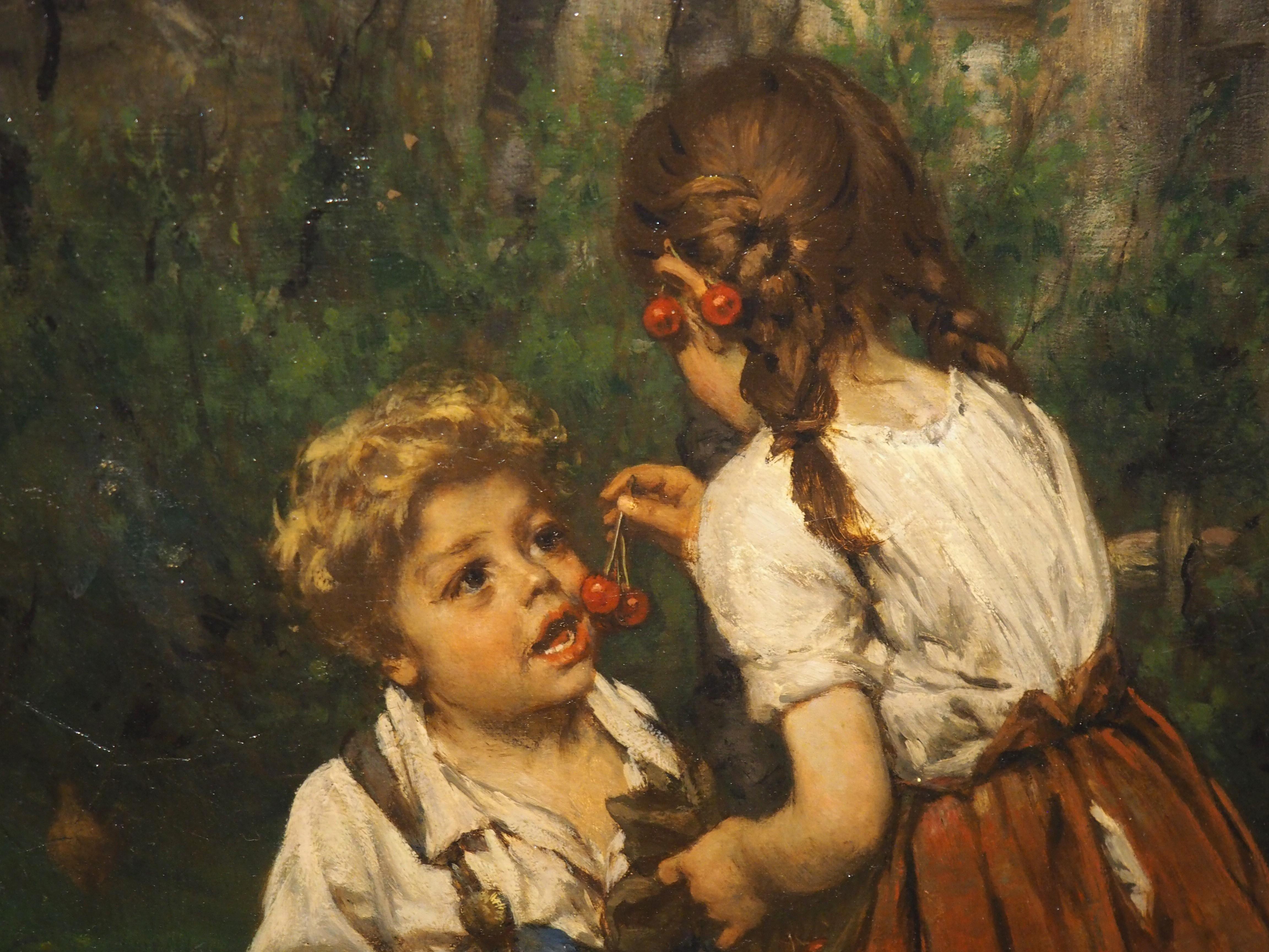 Peinture à l'huile ancienne, enfants mangeant des cerises dans le jardin, 1880 en vente 12