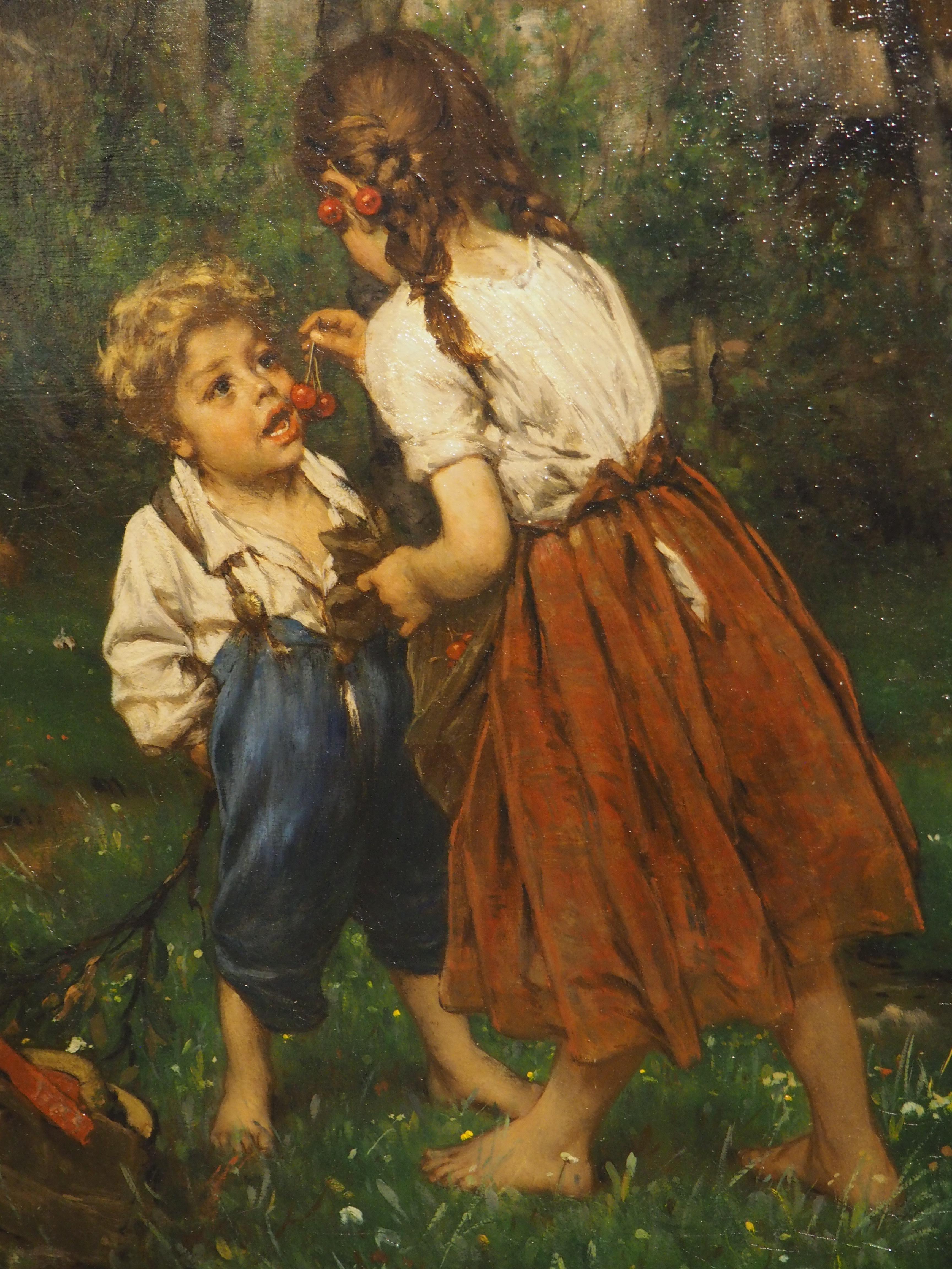 A charming oil on canvas genre painting depicting the innocence of youth, the subjects of this scene are two young children on a cherry farm. A young girl with light brown hair in pigtail braids, clad in a white blouse and garnet skirt, stands with