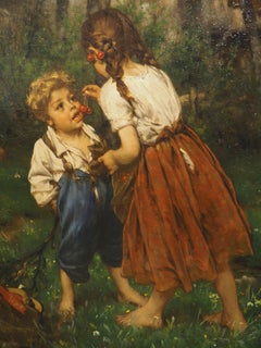 Antique Oil Painting, "Children Eating Cherries in the Garden", 1880