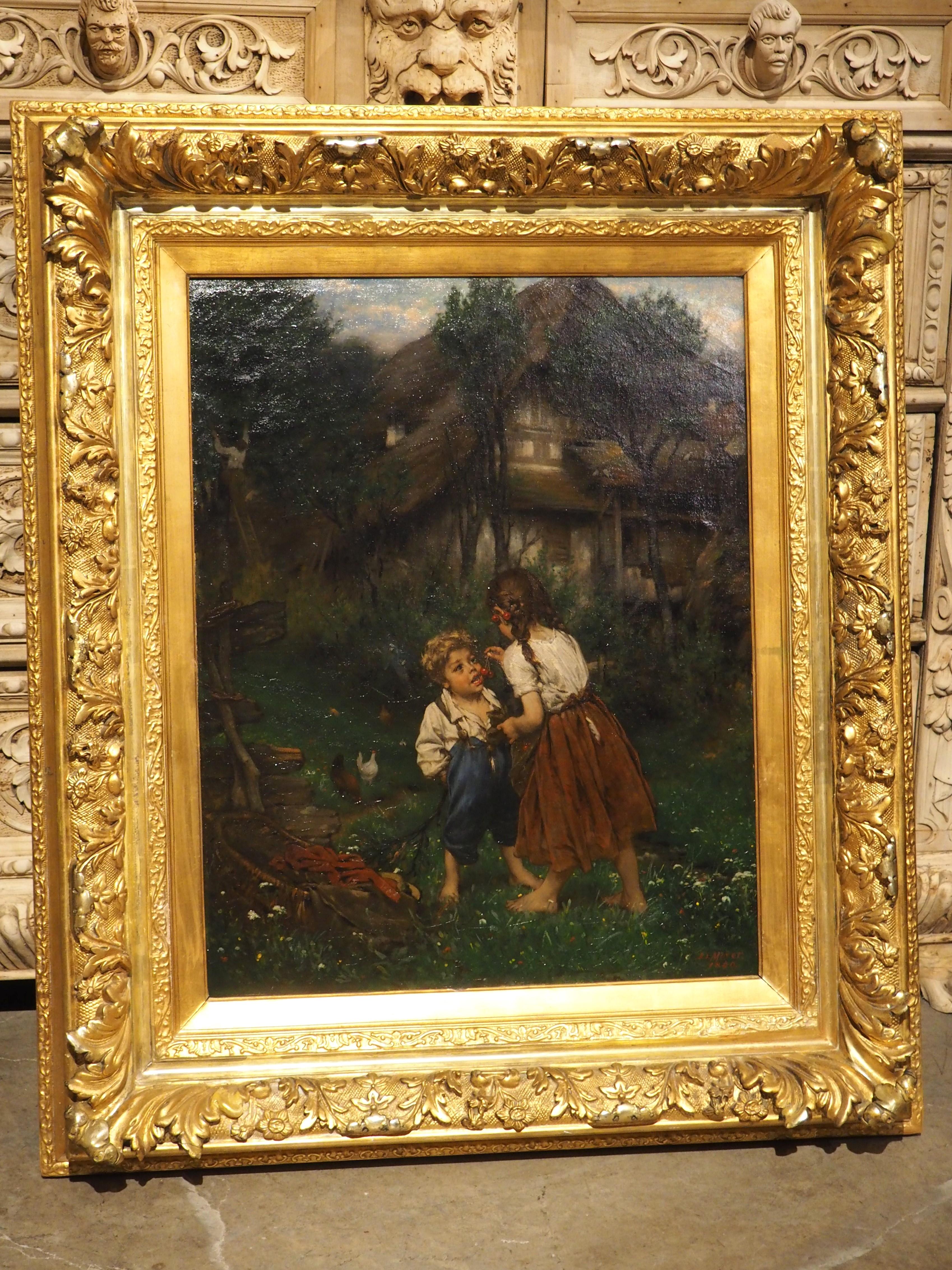 Peinture à l'huile ancienne, enfants mangeant des cerises dans le jardin, 1880 en vente 13