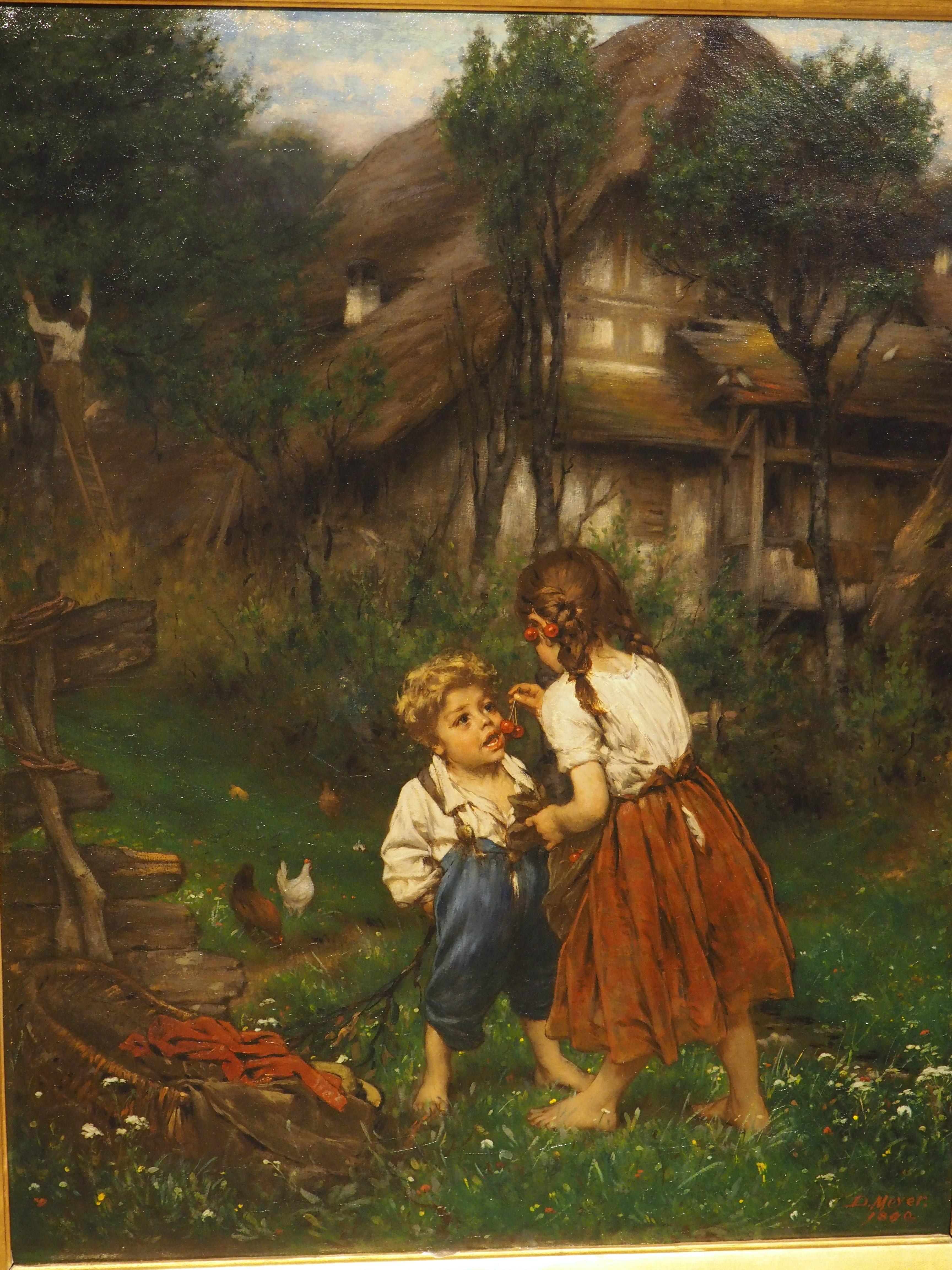 Suisse Peinture à l'huile ancienne, enfants mangeant des cerises dans le jardin, 1880 en vente