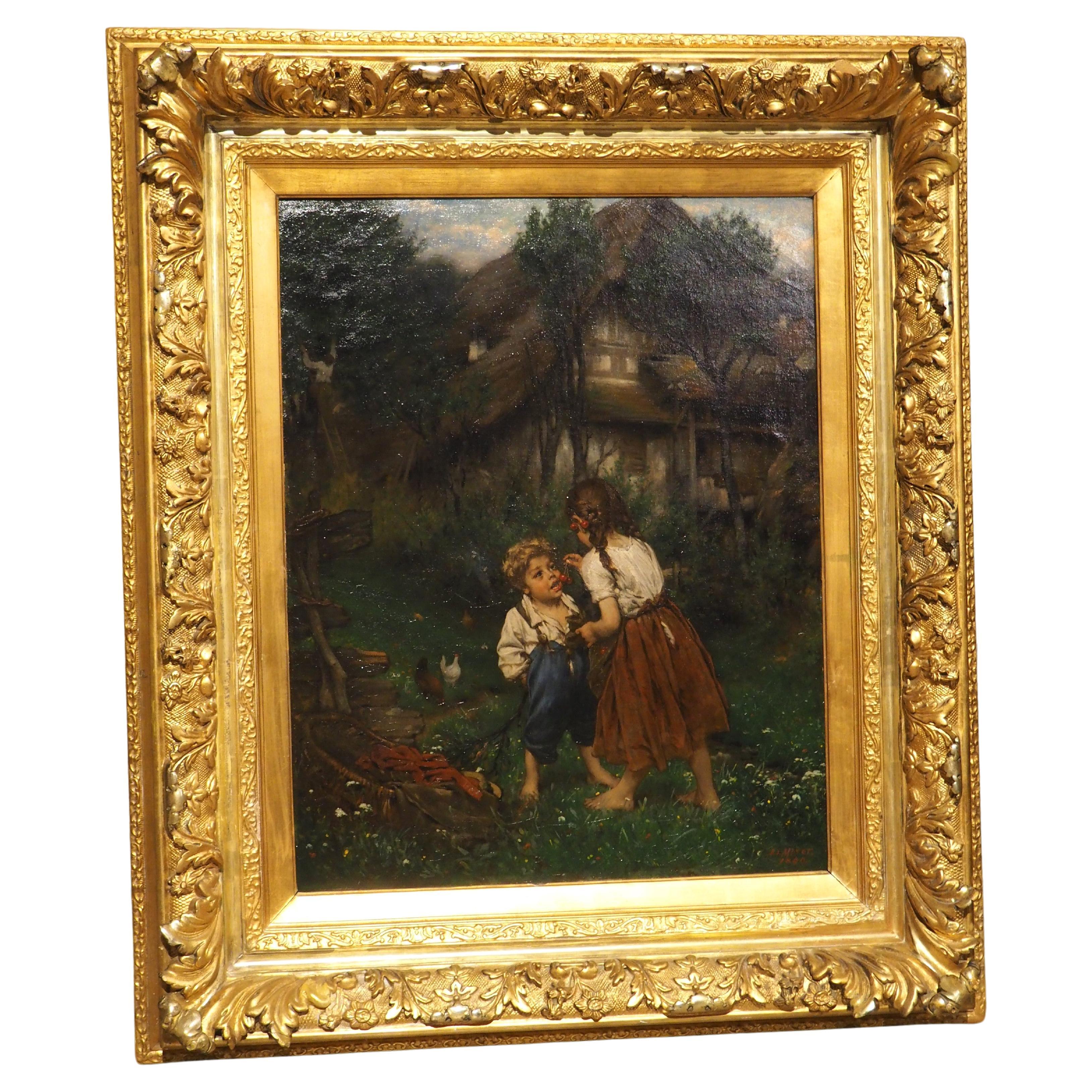 Peinture à l'huile ancienne, enfants mangeant des cerises dans le jardin, 1880 en vente