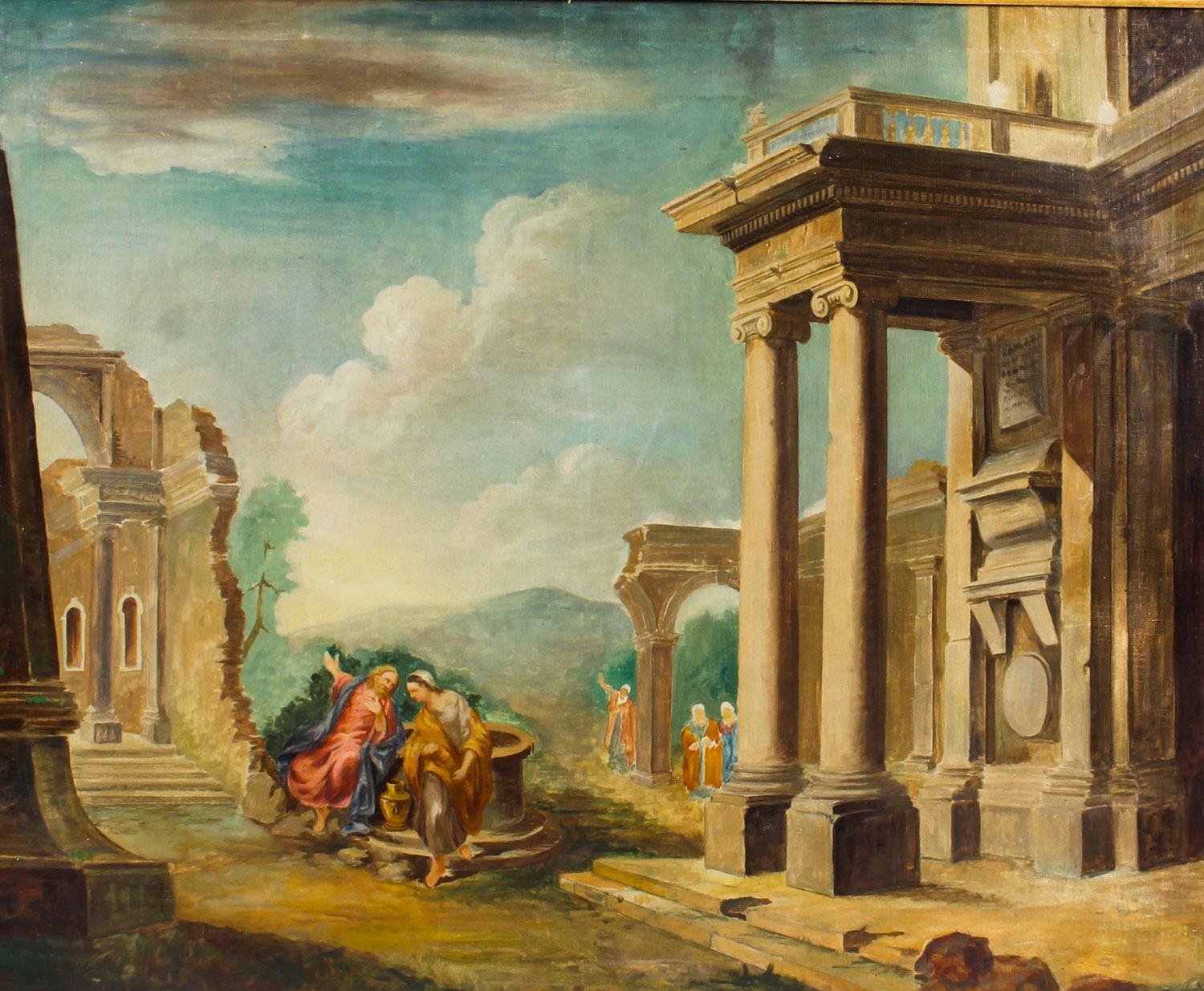 This is a beautiful capriccio, a decorative painting showing a fantasy landscape of classical Romanesque ruins animated with characters at play, circa 1880 in date.

It is in early 17th century style and painted by an artist of the German School