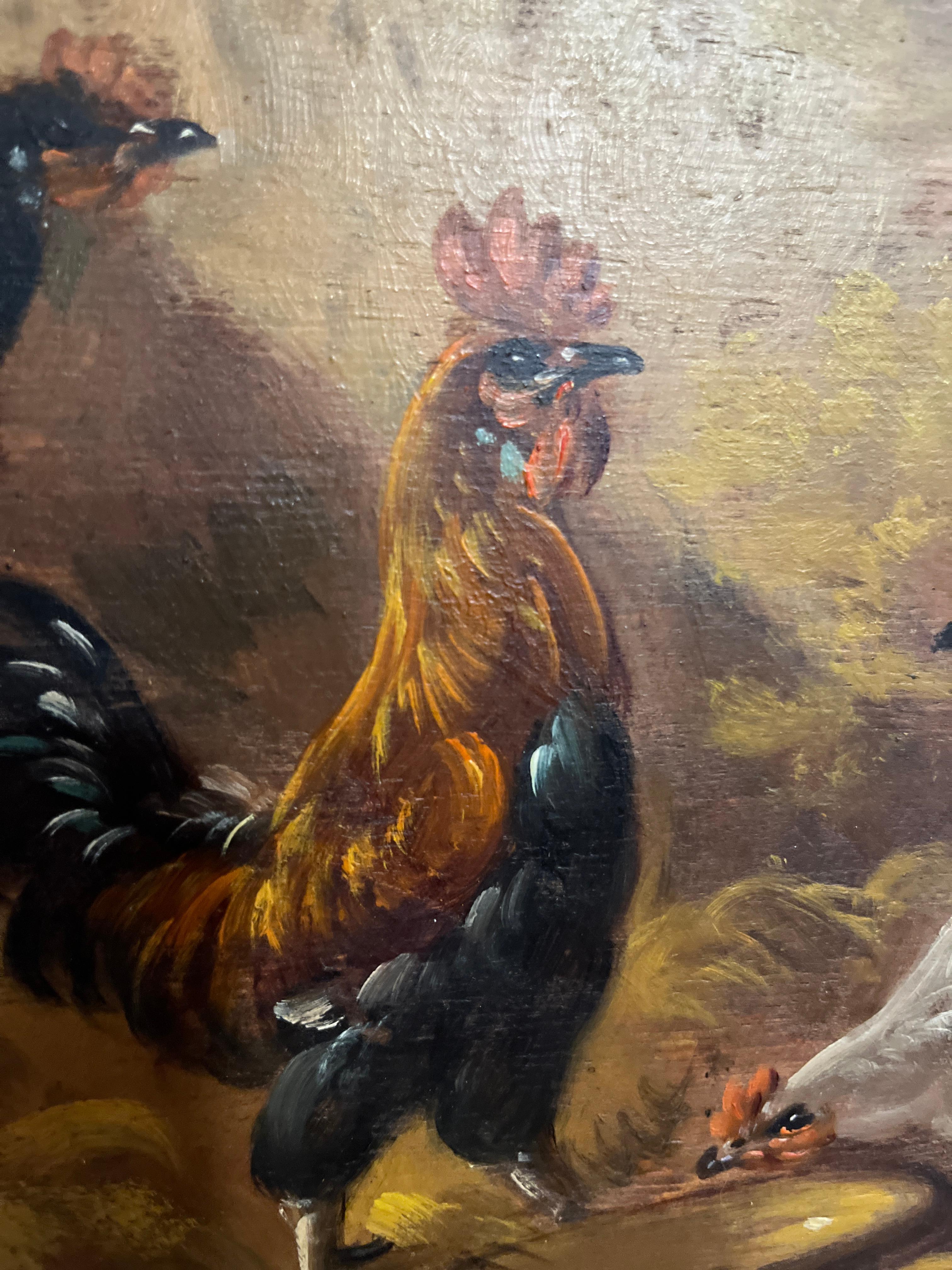Barbizon School Antique Oil Painting Cockerel & His Hens Paul Henry Schouten 1860-1922 For Sale