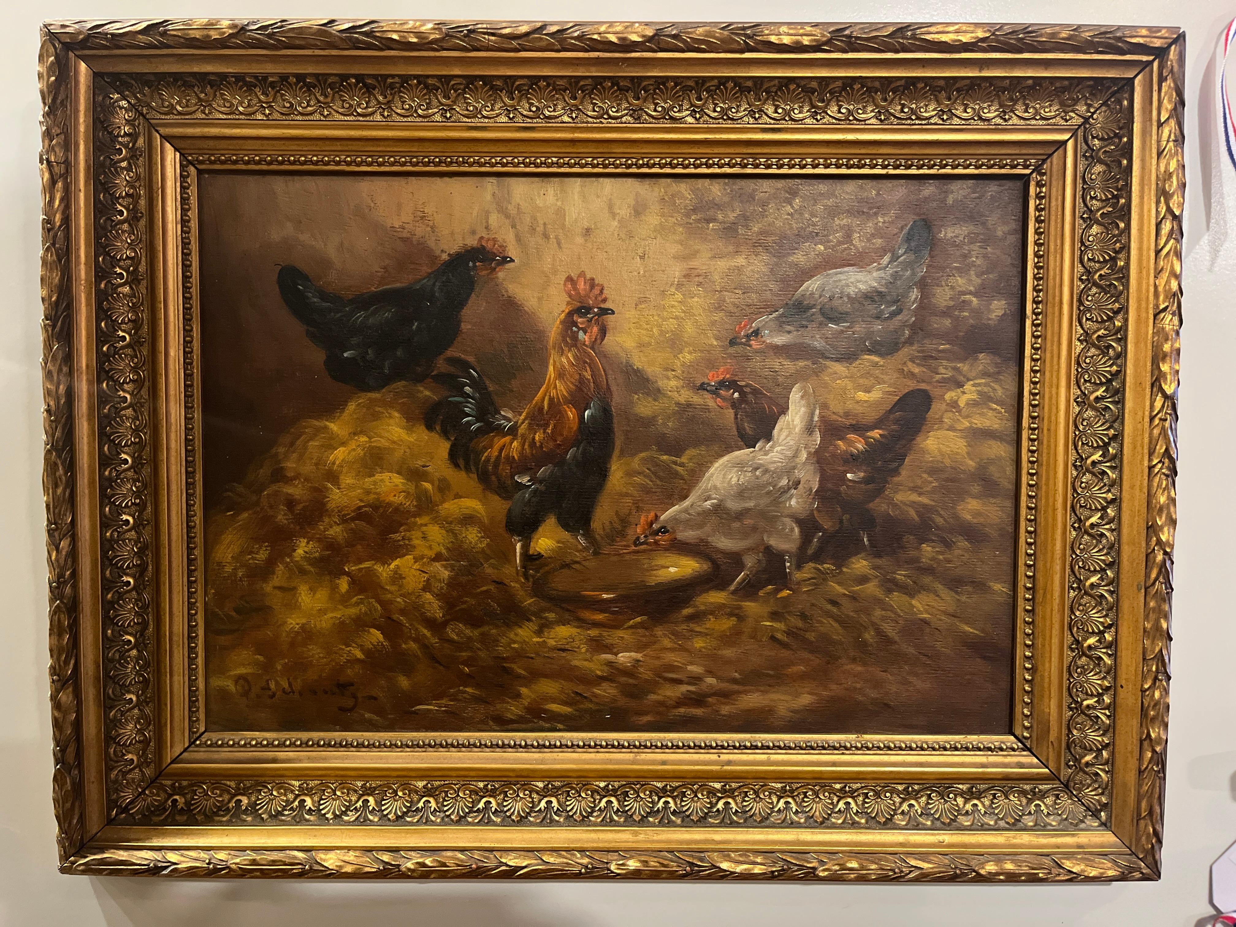 Antique Oil Painting Cockerel & His Hens Paul Henry Schouten 1860-1922 In Good Condition For Sale In Scottsdale, AZ