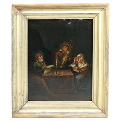 Antique Oil Painting Continental Tavern Genre Scene, c1850
