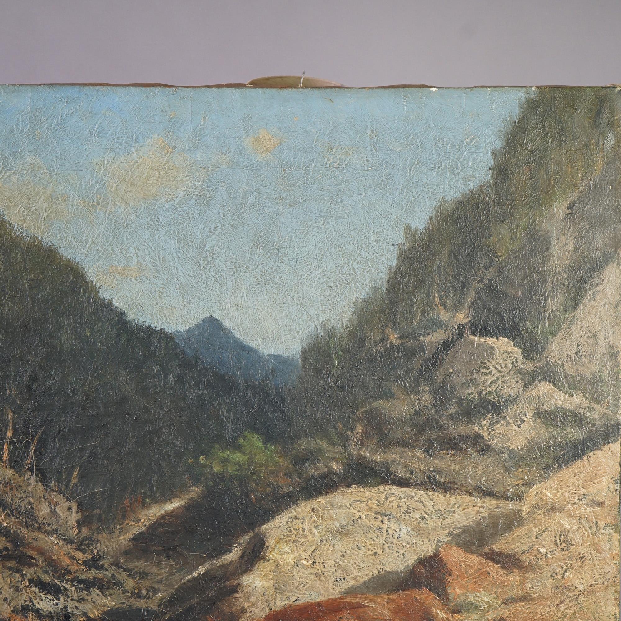An antique painting offers oil on canvas desert landscape, artist singed and dated 1919 lower right. 

Measures- 24.5''H x 18''W x .75''D; 14.5'' x 20.25'' sight