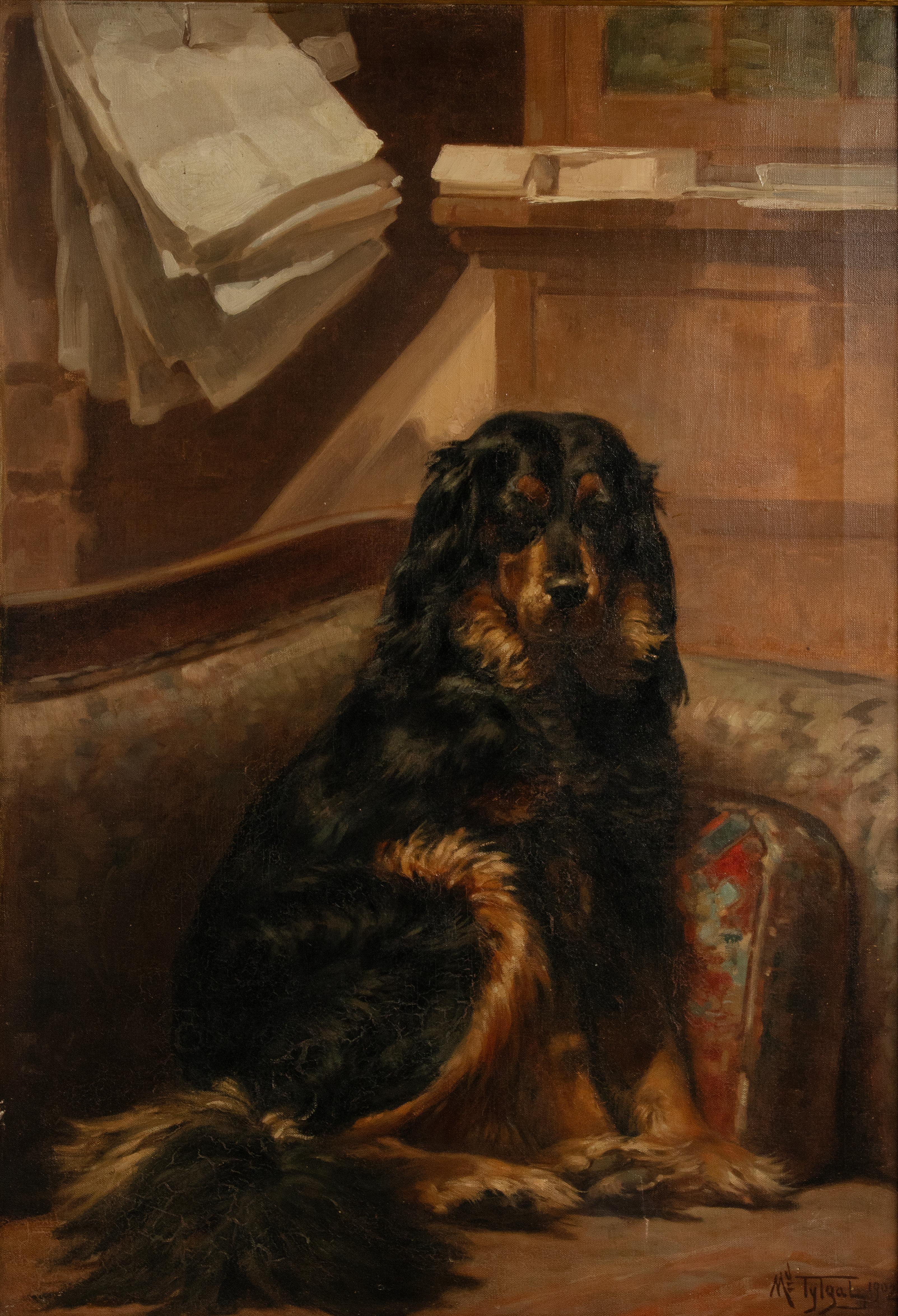 Belle Époque Antique Oil Painting - Dog Portrait of a Gordon Setter by Médard Tytgat For Sale