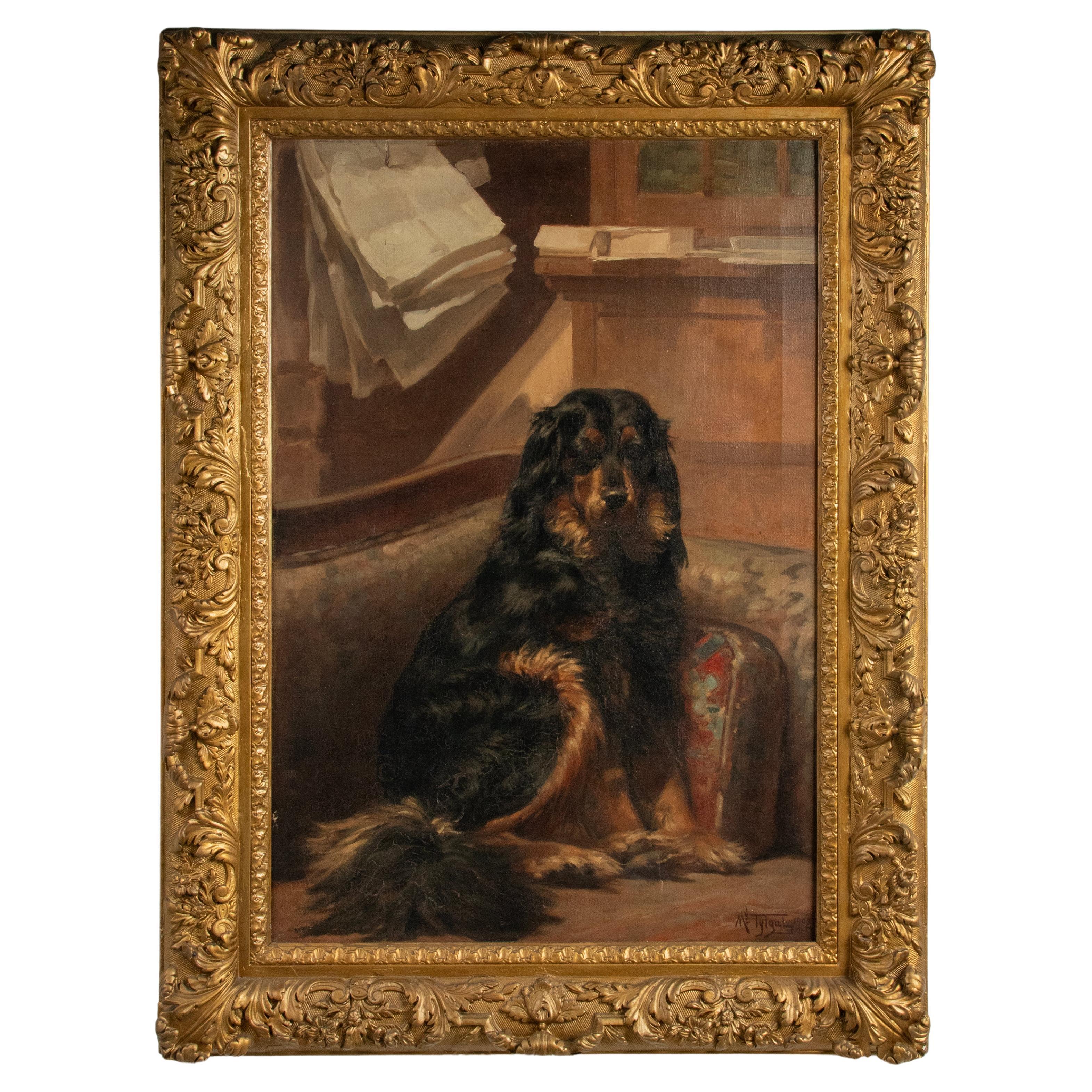 Pintura al Óleo Antigua - Retrato de perro de un Setter Gordon por Médard Tytgat