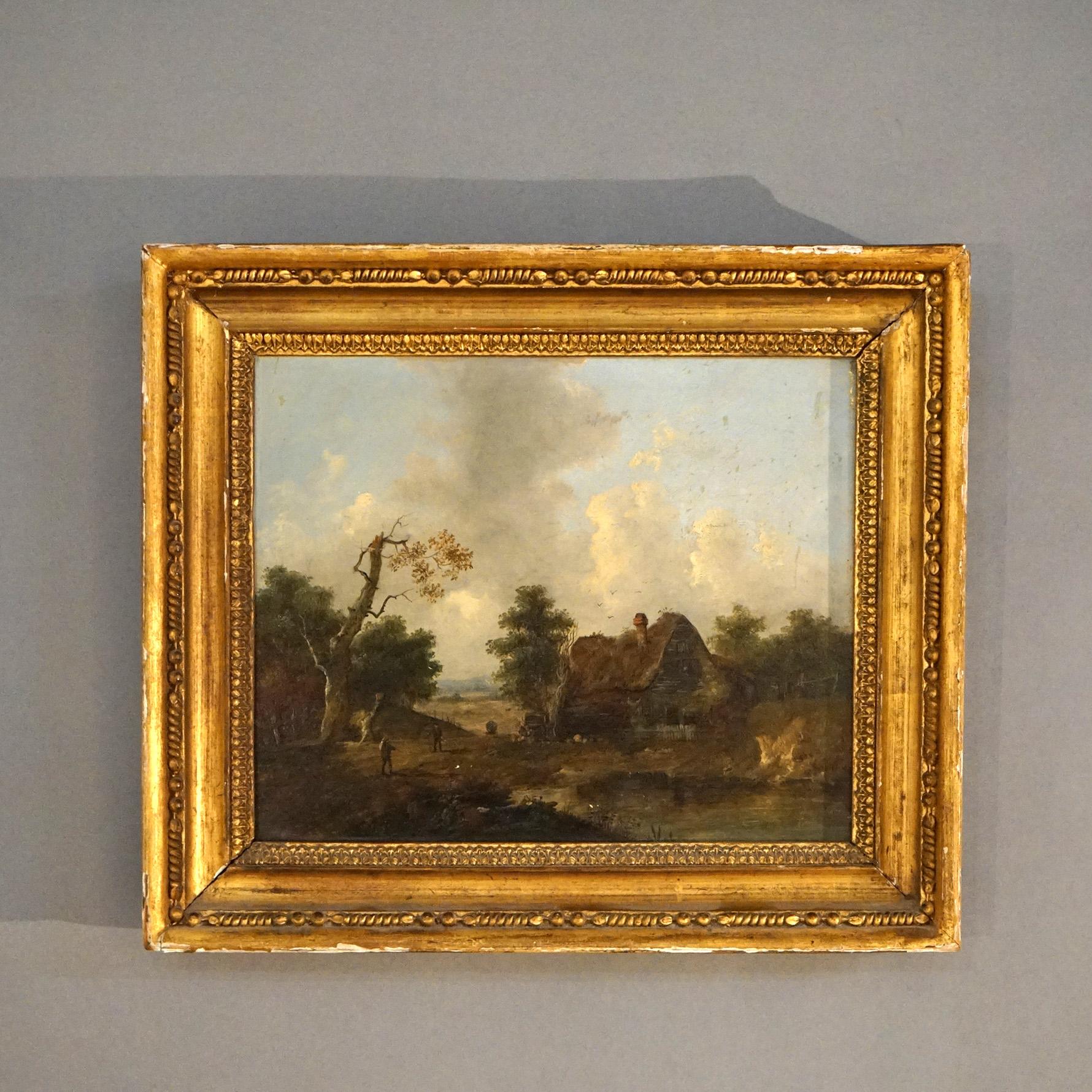Antique Oil on Panel Painting, European Landscape with Farm Scene with Figures, Seated in Giltwood Frame, Circa 1890

Measures - 13.5