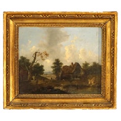 Antique Oil Painting, European Landscape with Farm Scene Circa 1890