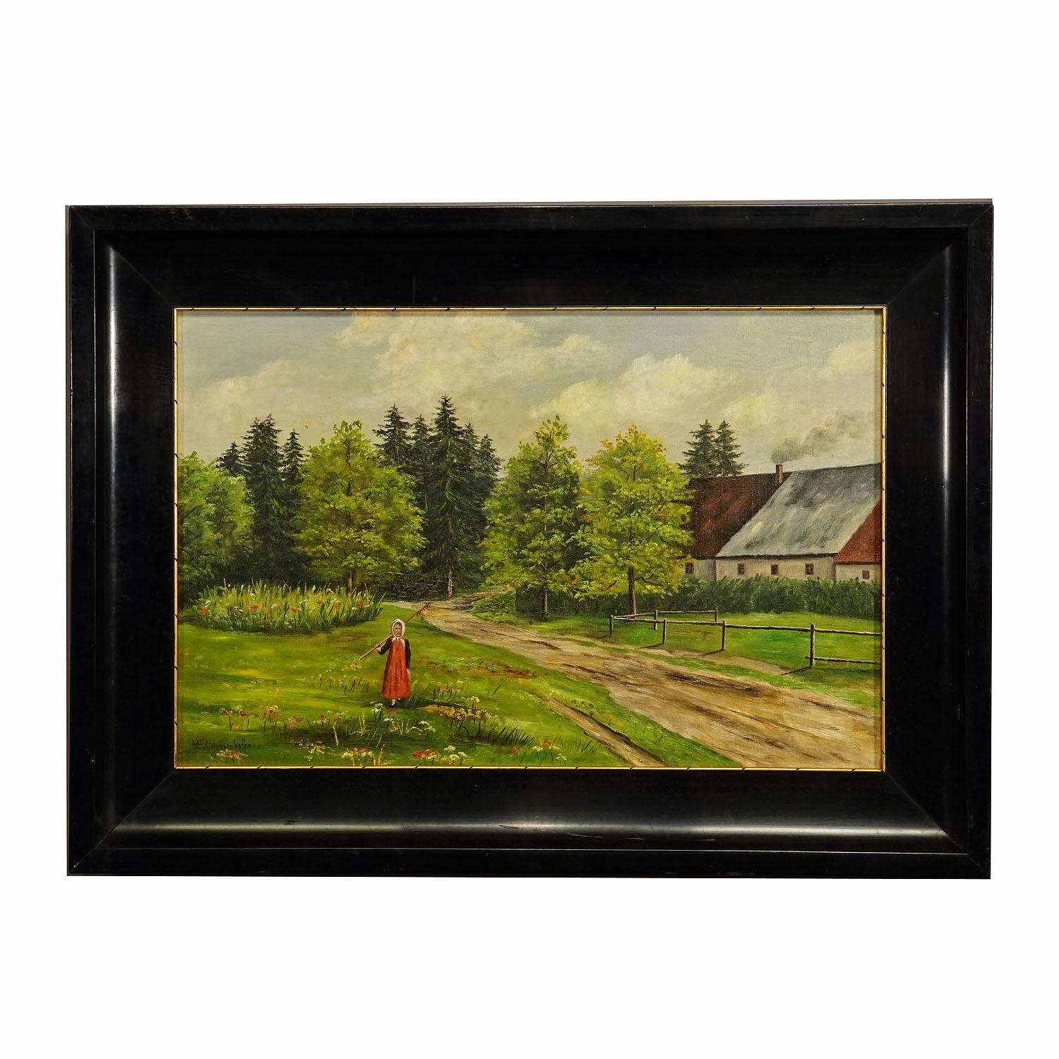 Antique oil painting farm girl on a flower meadow by M. E. Ummenhofer

An impressive antique oil painting depicting a farm girl on a summerly flower meadow with farm house in the background. Oil painting on canvas with pastell colors. Painted by