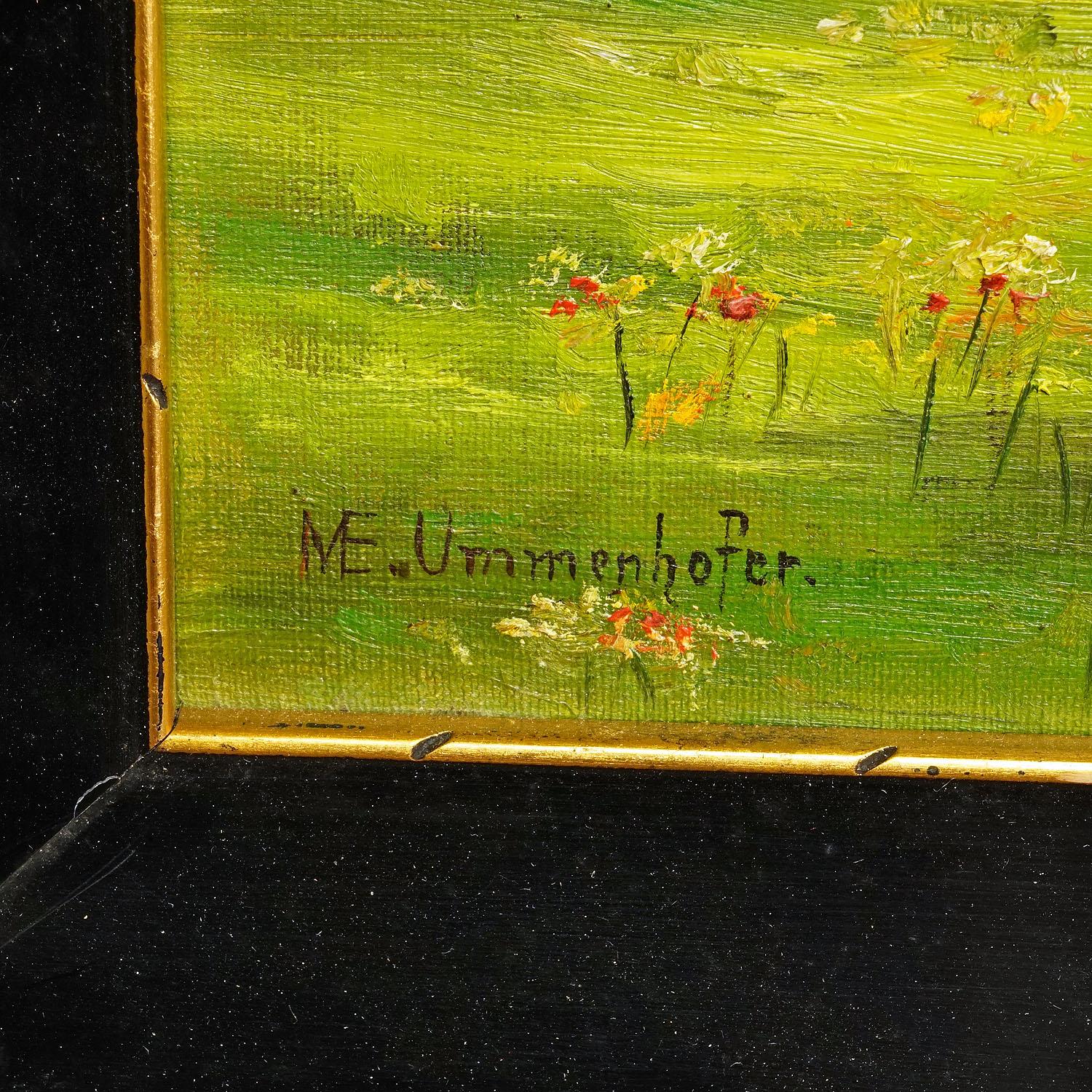 Biedermeier Antique Oil Painting Farm Girl on a Flower Meadow by M. E. Ummenhofer For Sale