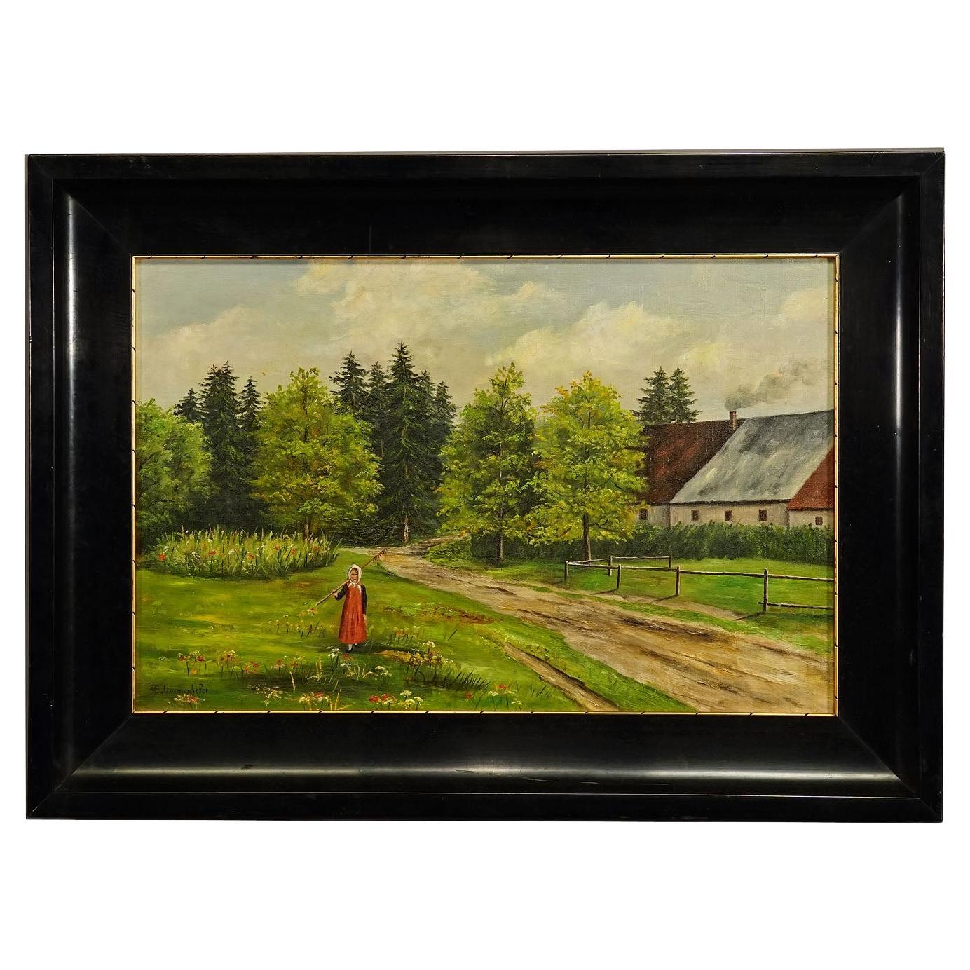 Antique Oil Painting Farm Girl on a Flower Meadow by M. E. Ummenhofer For Sale