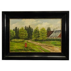 Antique Oil Painting Farm Girl on a Flower Meadow by M. E. Ummenhofer