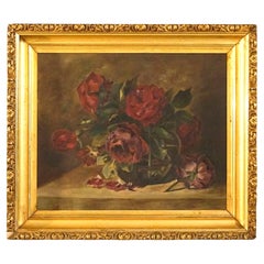 Antique Oil Painting, Floral Still Life of Roses in Giltwood Frame, Circa 1890