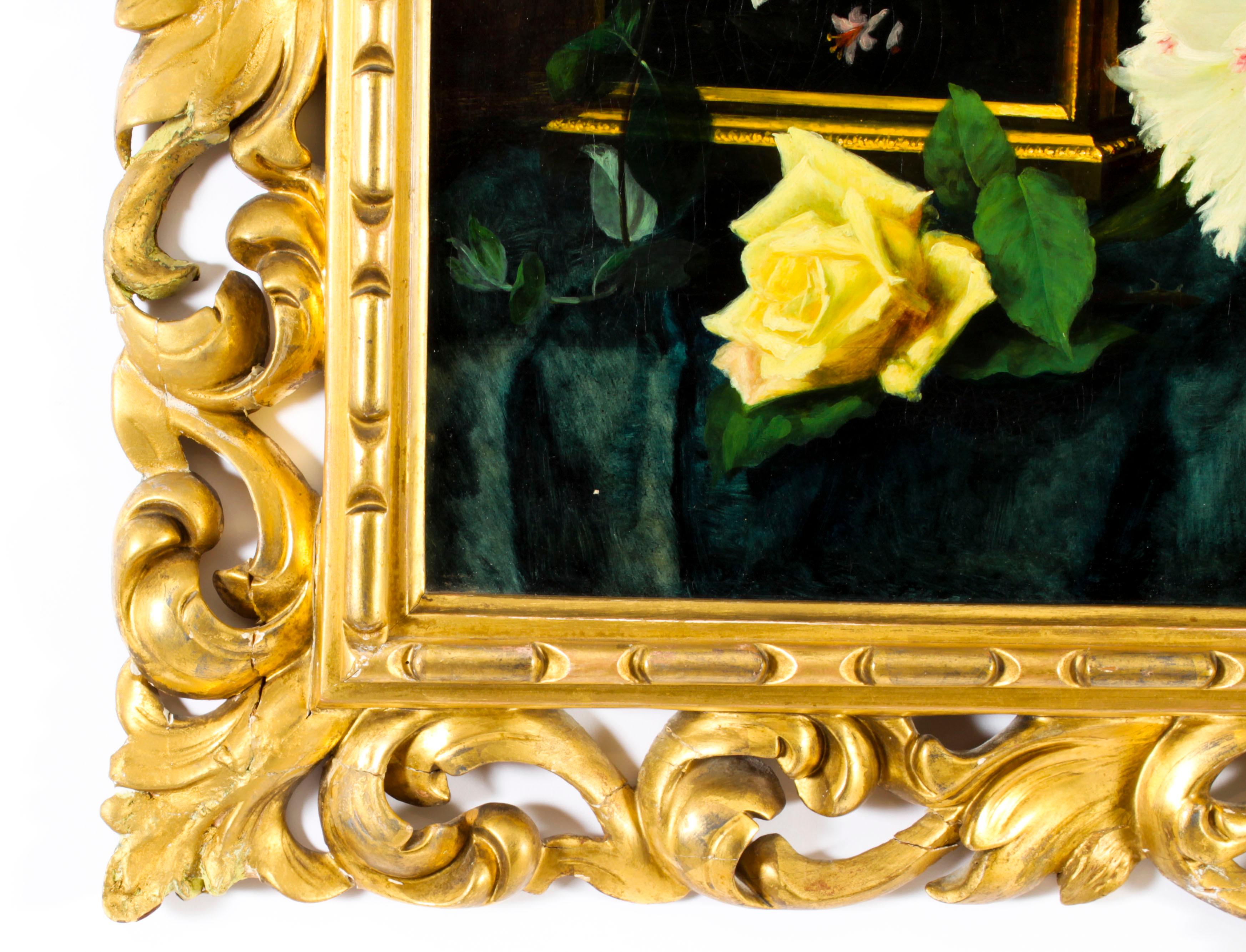 Antique Oil Painting Flowers by Andreotti - Florentine Giltwood Frame 19th C 4