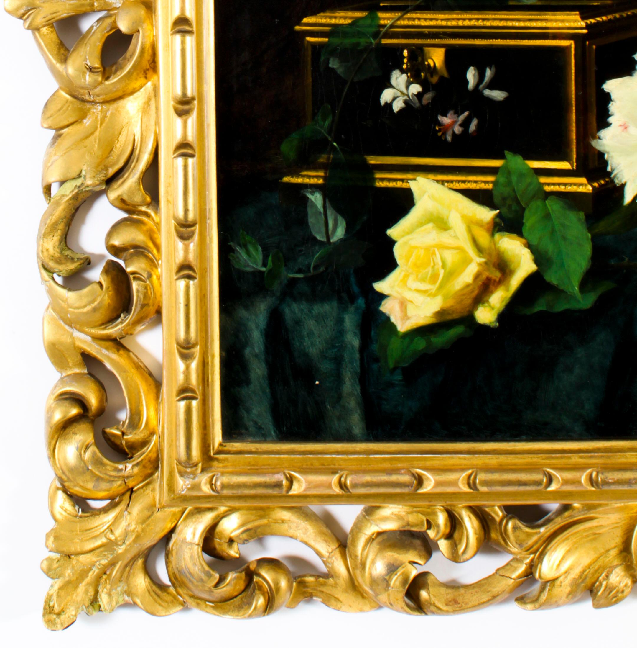 Antique Oil Painting Flowers by Andreotti - Florentine Giltwood Frame 19th C 6