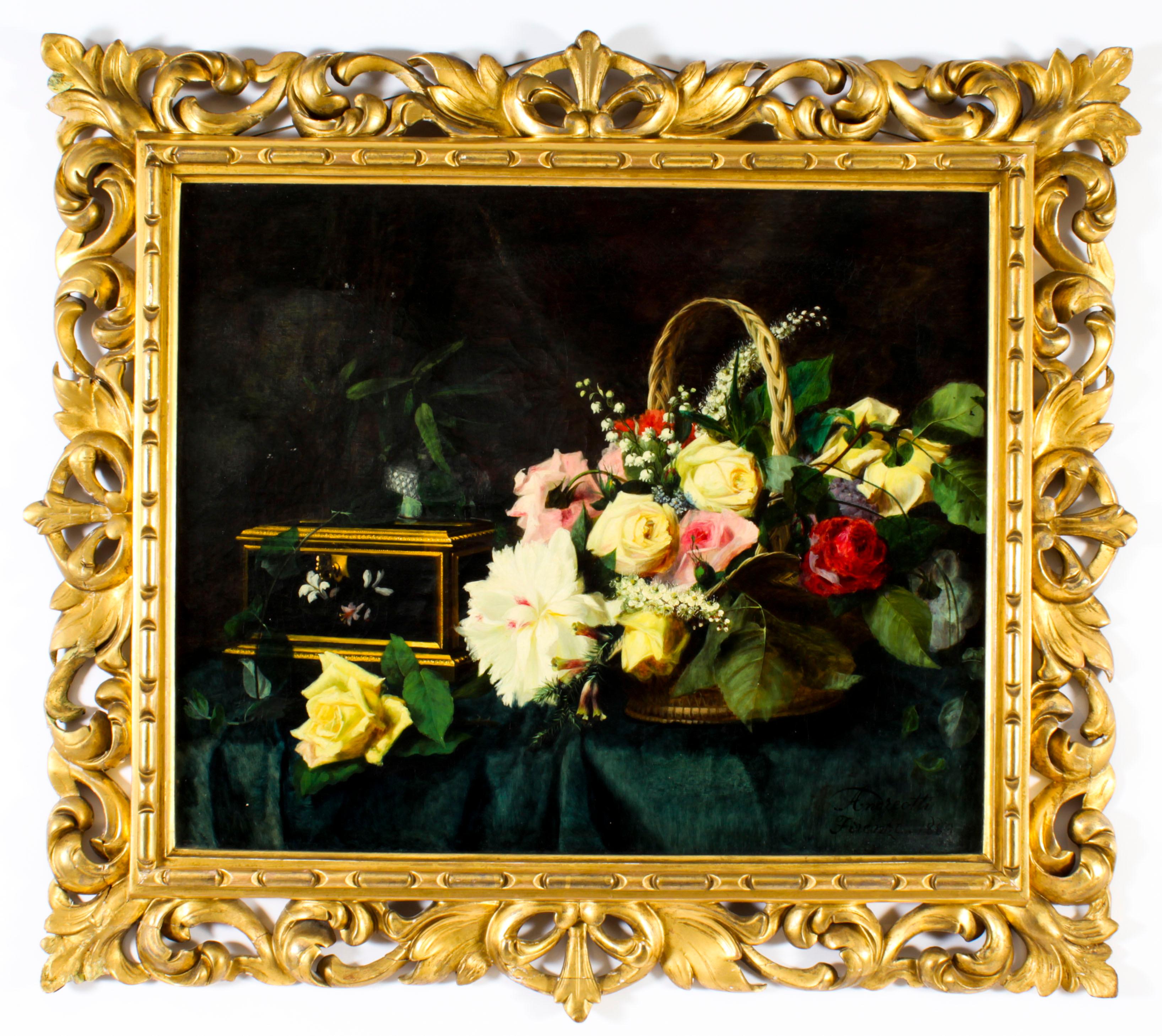 Antique Oil Painting Flowers by Andreotti - Florentine Giltwood Frame 19th C 9