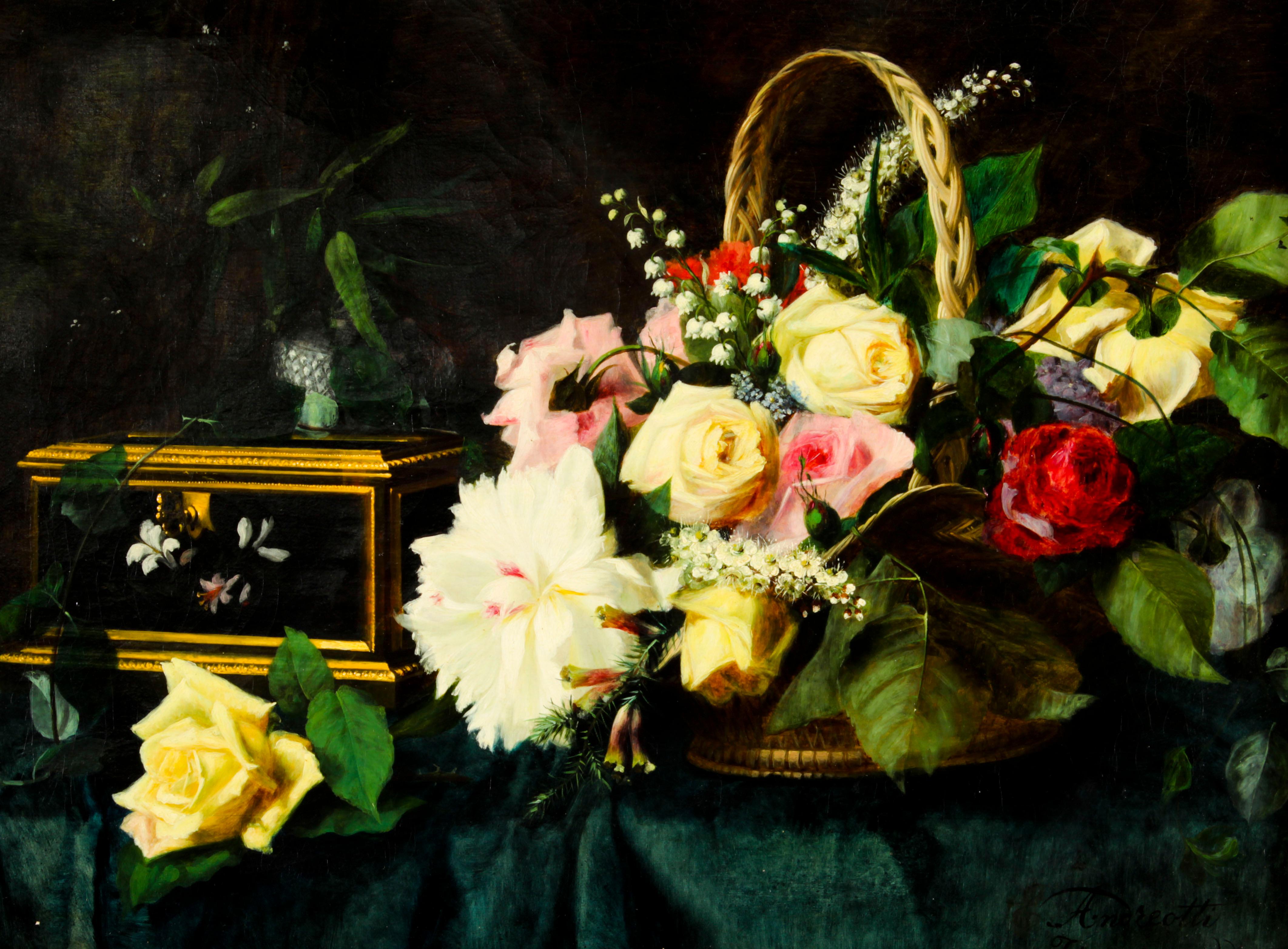 This is a magnificent antique oil on canvas painting of a basket of flowers and an ornate pietra dura box on a draped table, signed and dated 'E. Andreotti / Firenze 1883' (lower right).
 
It is housed within a stunning and highly elaborate