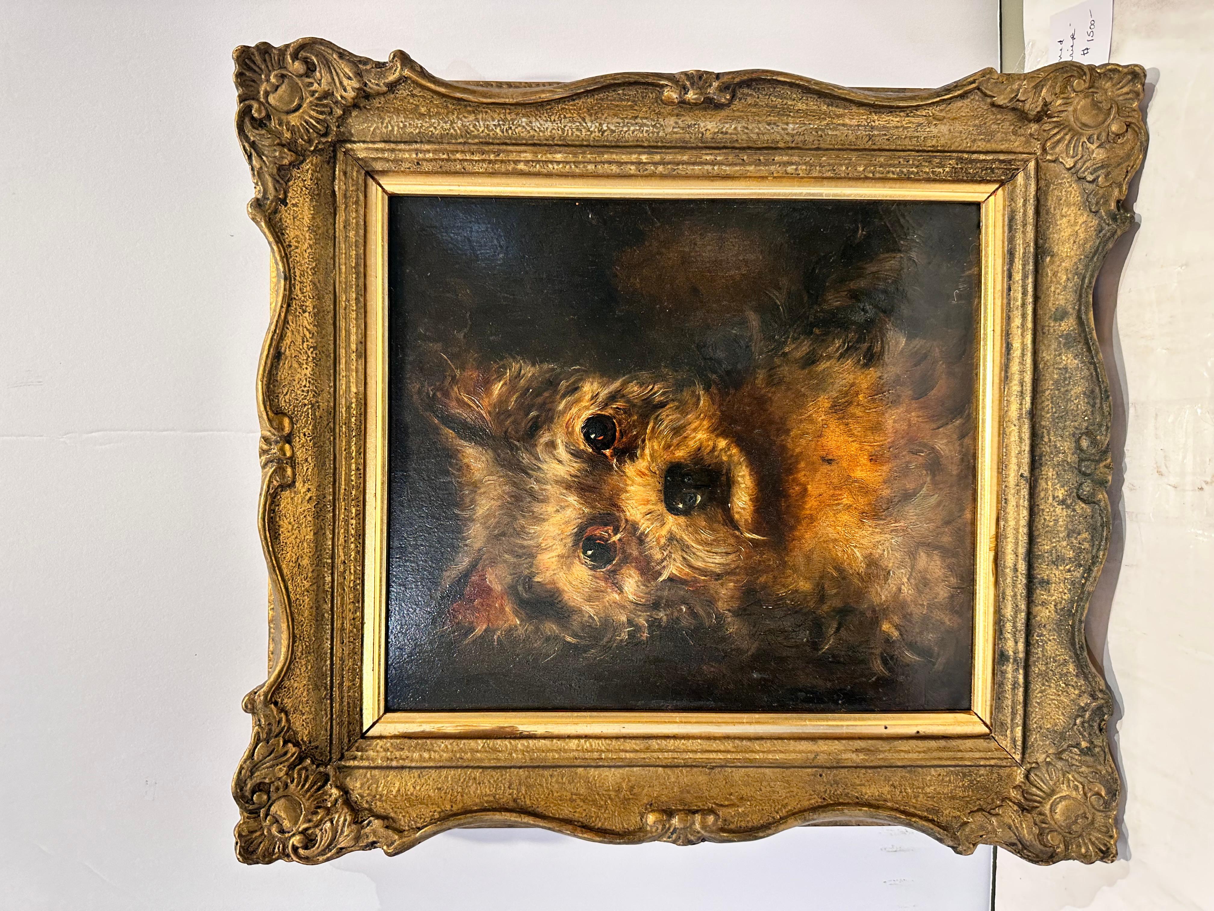 This classic style 19th century oil painting features an adorable yorkshire terrier. The painting mixes colors like tan, gold, orange, black and brown into a warm cozy focus around the little dogs face. The antique gold frame adds extra charm with