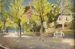 Antique oil painting from Denmark of seaside villa with trees and winding road