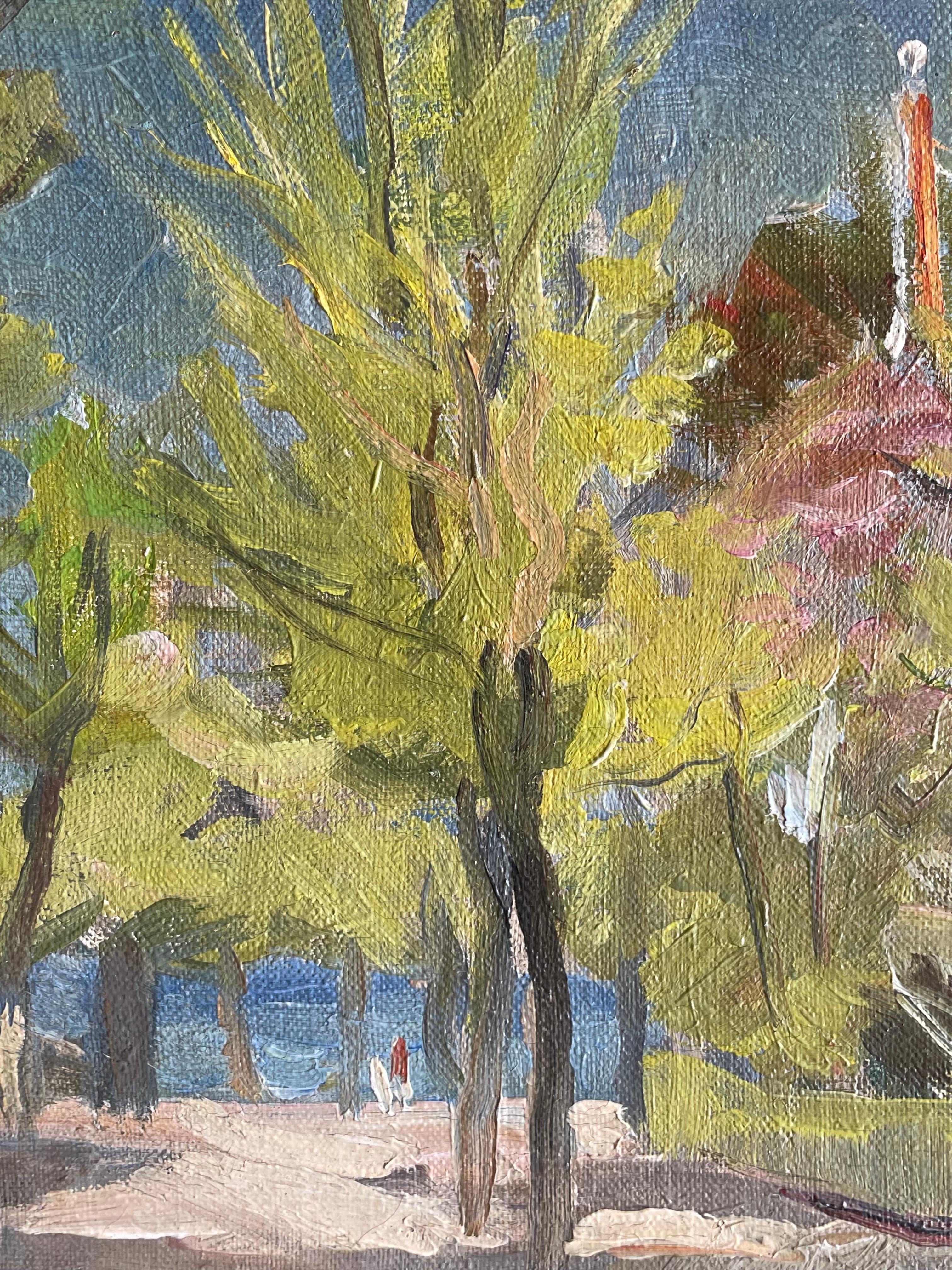 Antikes Ölgemälde aus Dänemark einer Villa am Meer mit Bäumen und kurvenreicher Straße (Gemalt) im Angebot