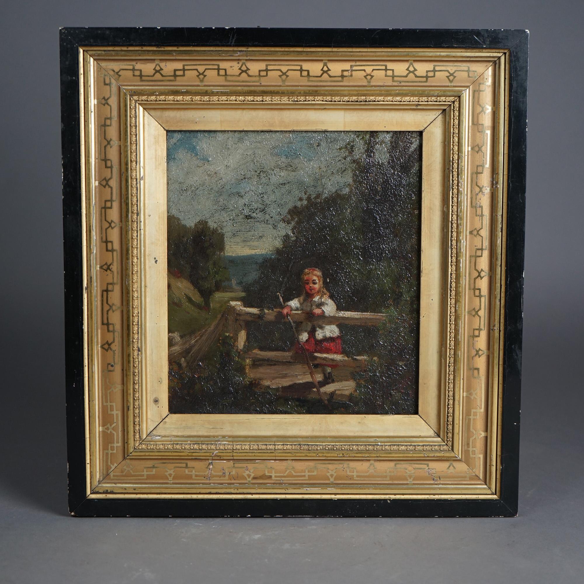 Eine antike Genremalerei bietet Öl auf Karton Szene im Freien mit Kind auf einer Brücke, gerahmt, um 1890

Maße - 14,5 