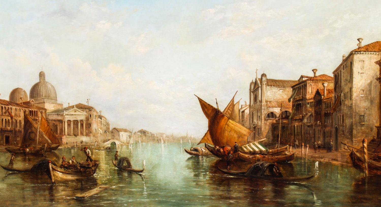 This is a large and beautiful oil on canvas painting of the Grand Canal with a view of San Simeone Piccolo by the renowned British artist Alfred Pollentine (1836-1890), signed and dated '77 on the lower right.

This beautiful waterscape captures a