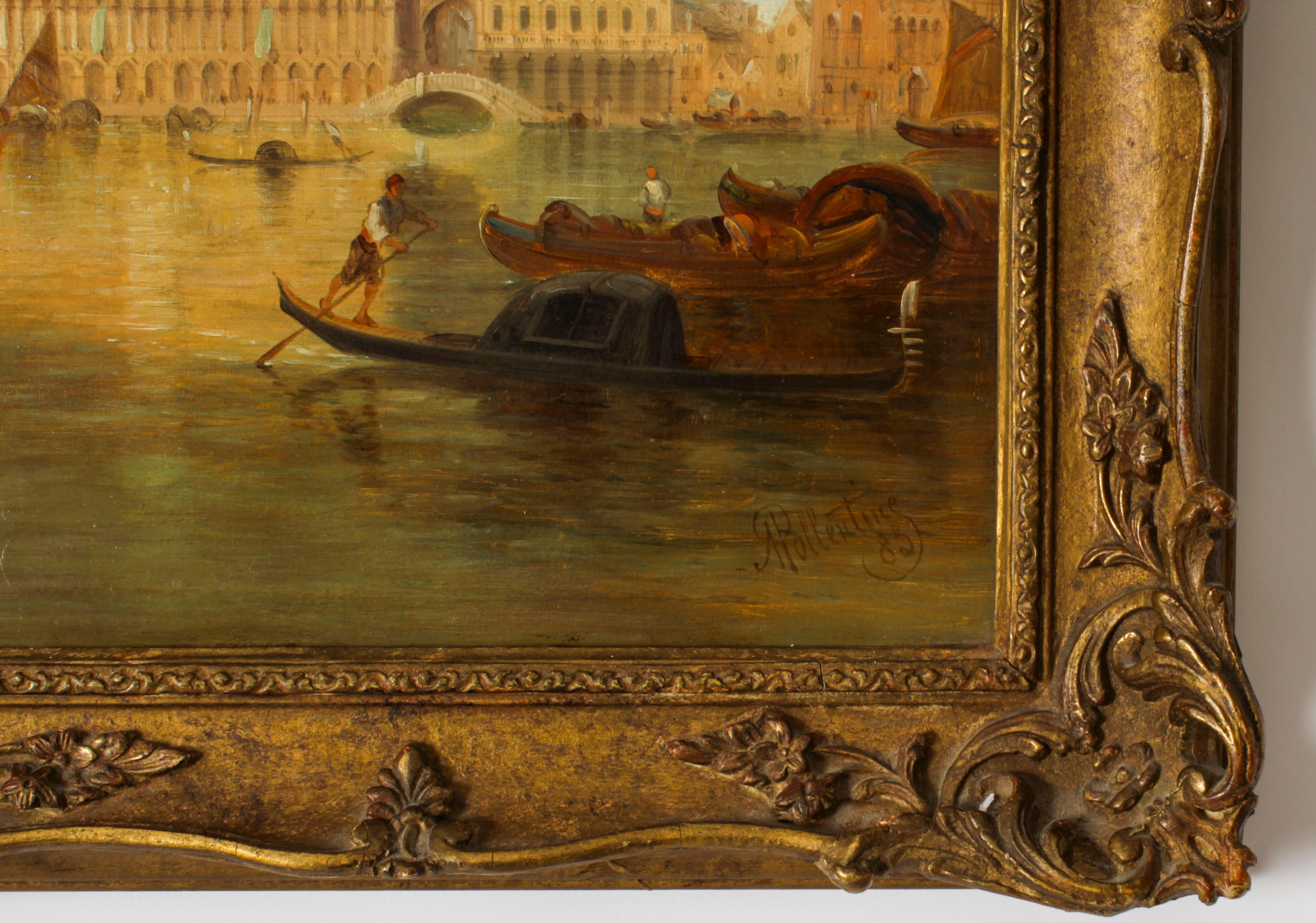 Peinture  l'huile ancienne du Grand Canal Ducal Palace de Venise d'Alfred Pollentine 1882 en vente 8