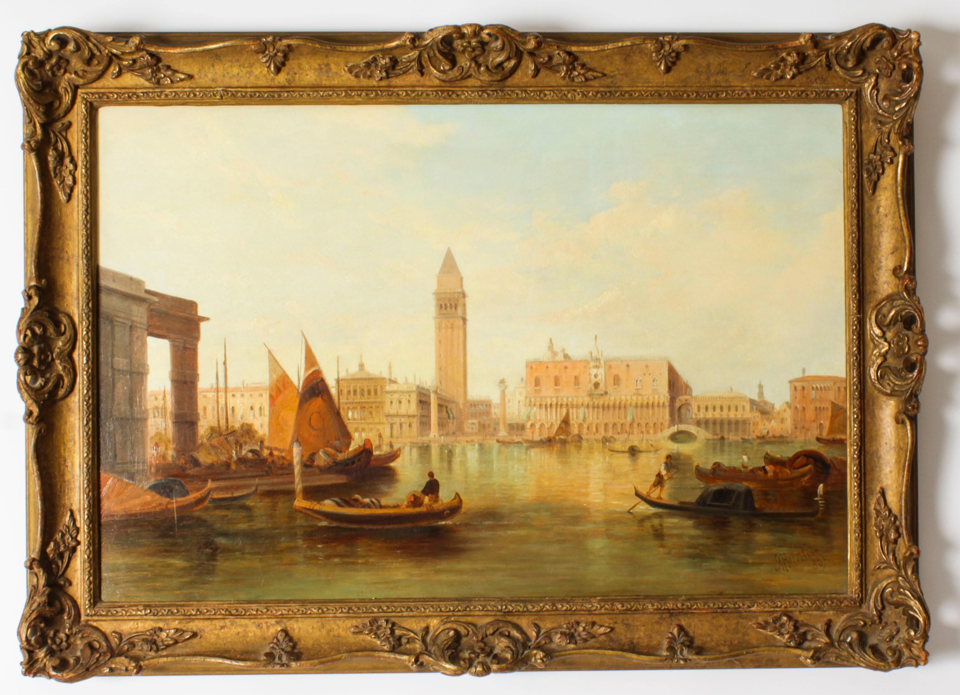 Peinture  l'huile ancienne du Grand Canal Ducal Palace de Venise d'Alfred Pollentine 1882 en vente 14