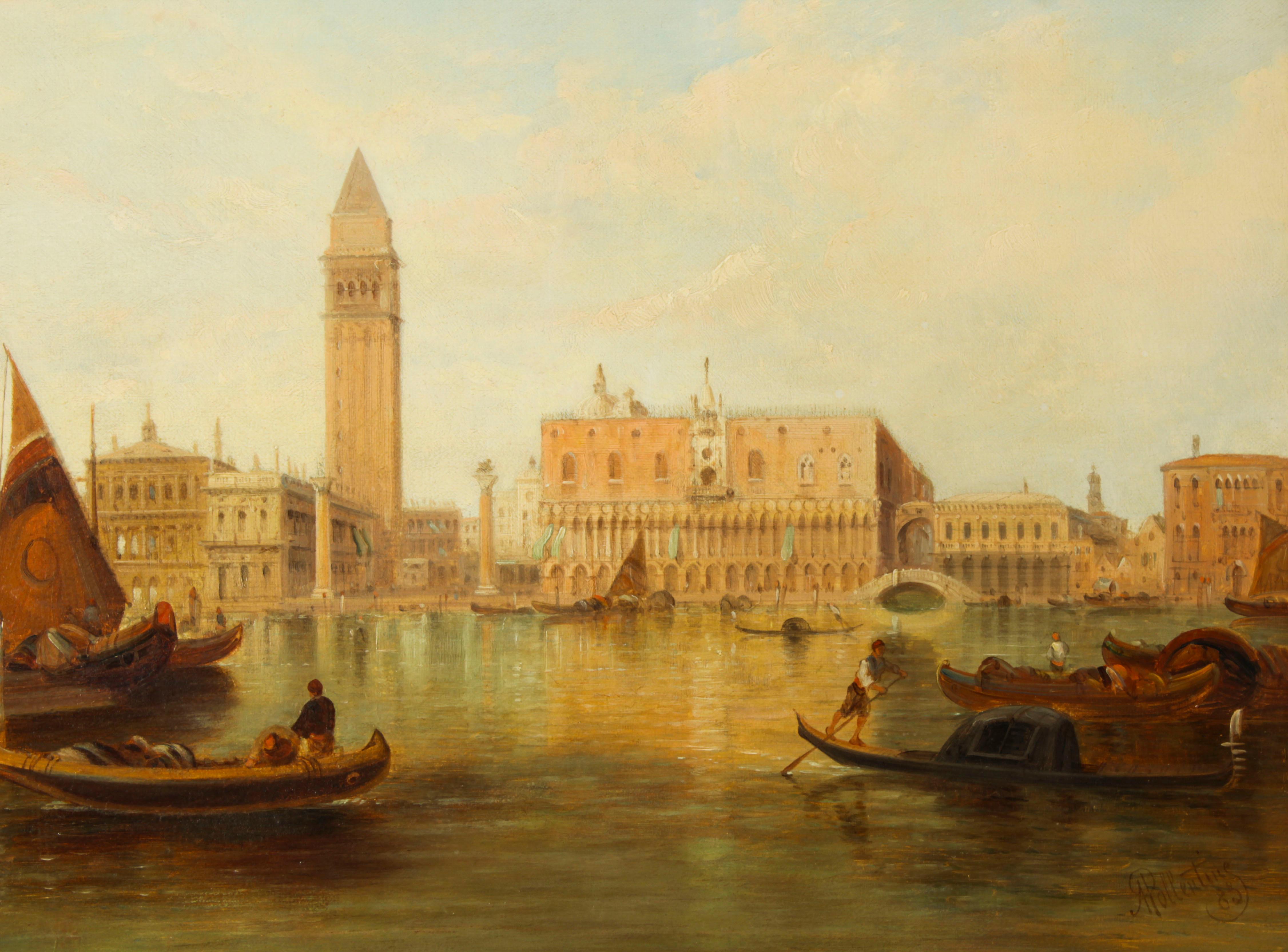 Antique Oil Painting Grand Canal Ducal Palace Venice Alfred Pollentine 1882 In Good Condition For Sale In London, GB