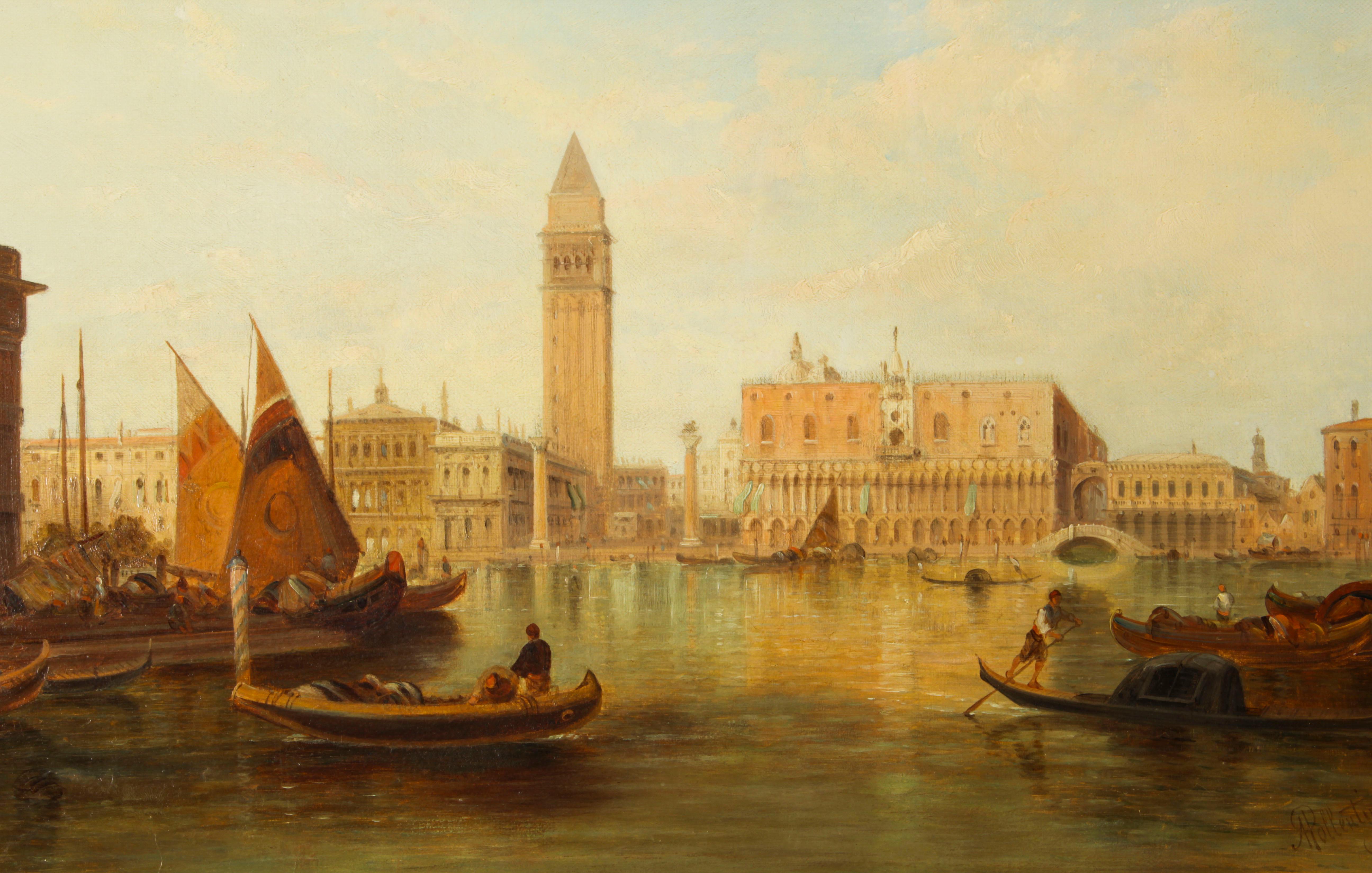 Fin du XIXe siècle Peinture  l'huile ancienne du Grand Canal Ducal Palace de Venise d'Alfred Pollentine 1882 en vente