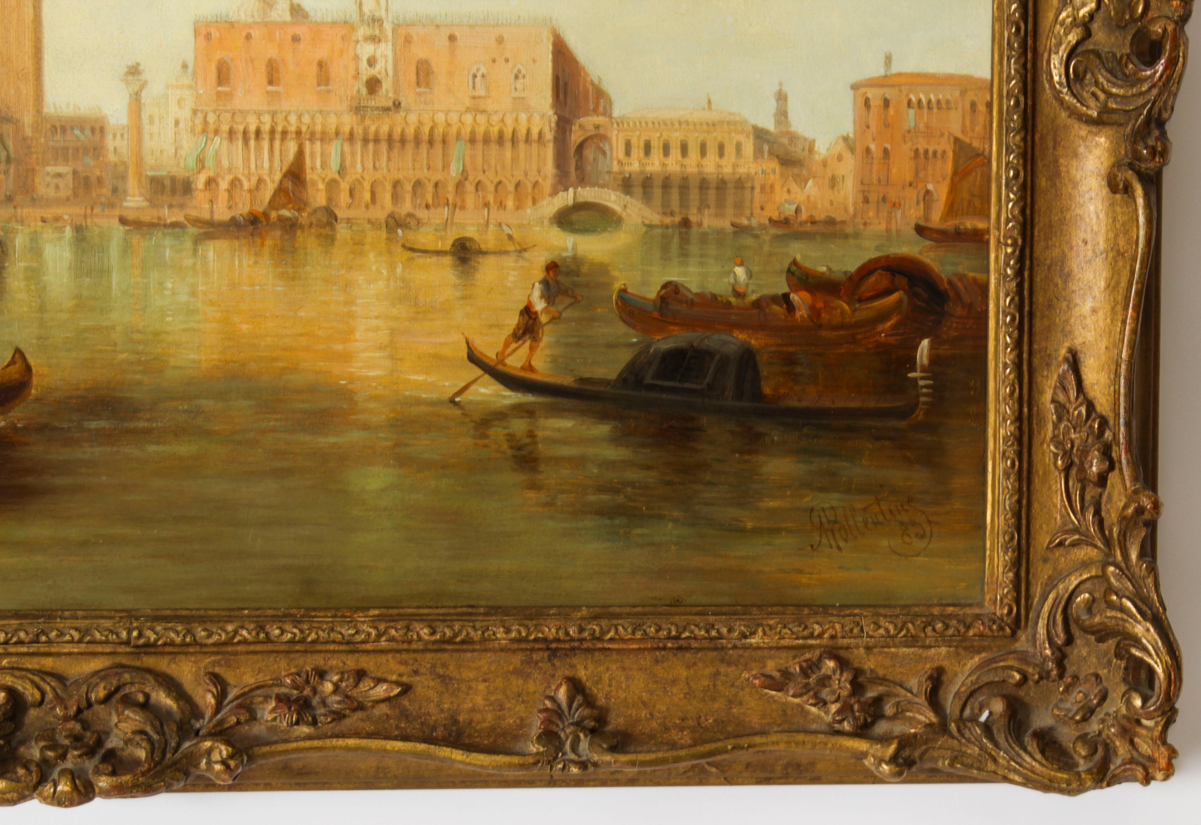 Peinture  l'huile ancienne du Grand Canal Ducal Palace de Venise d'Alfred Pollentine 1882 en vente 2