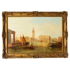 Peinture  l'huile ancienne du Grand Canal Ducal Palace de Venise d'Alfred Pollentine 1882