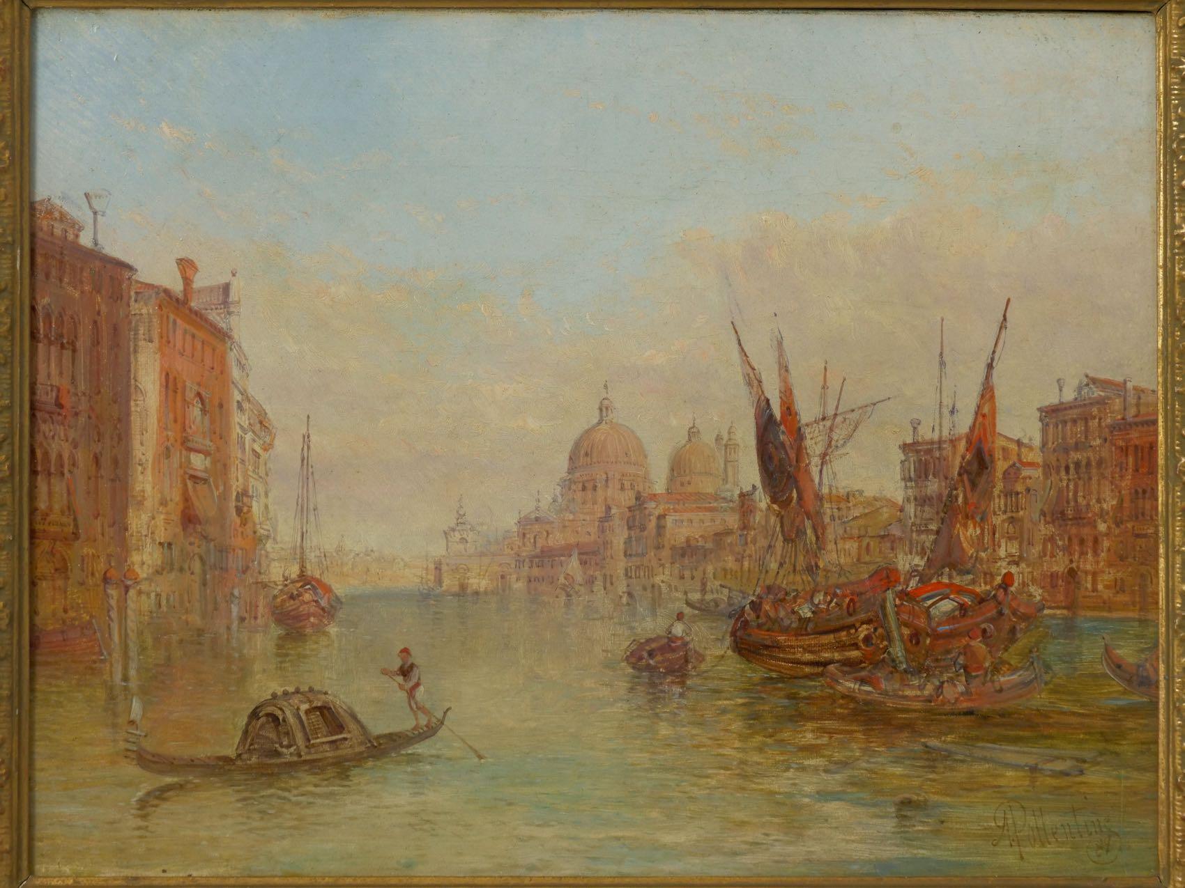 Typical of Alfred Pollentine's Venetian views, the present painting is incredibly romantic and full of life. With a palette full of pastels and vibrant colors, he mixes colors with an eye towards realism and a brush-stroke bordering on