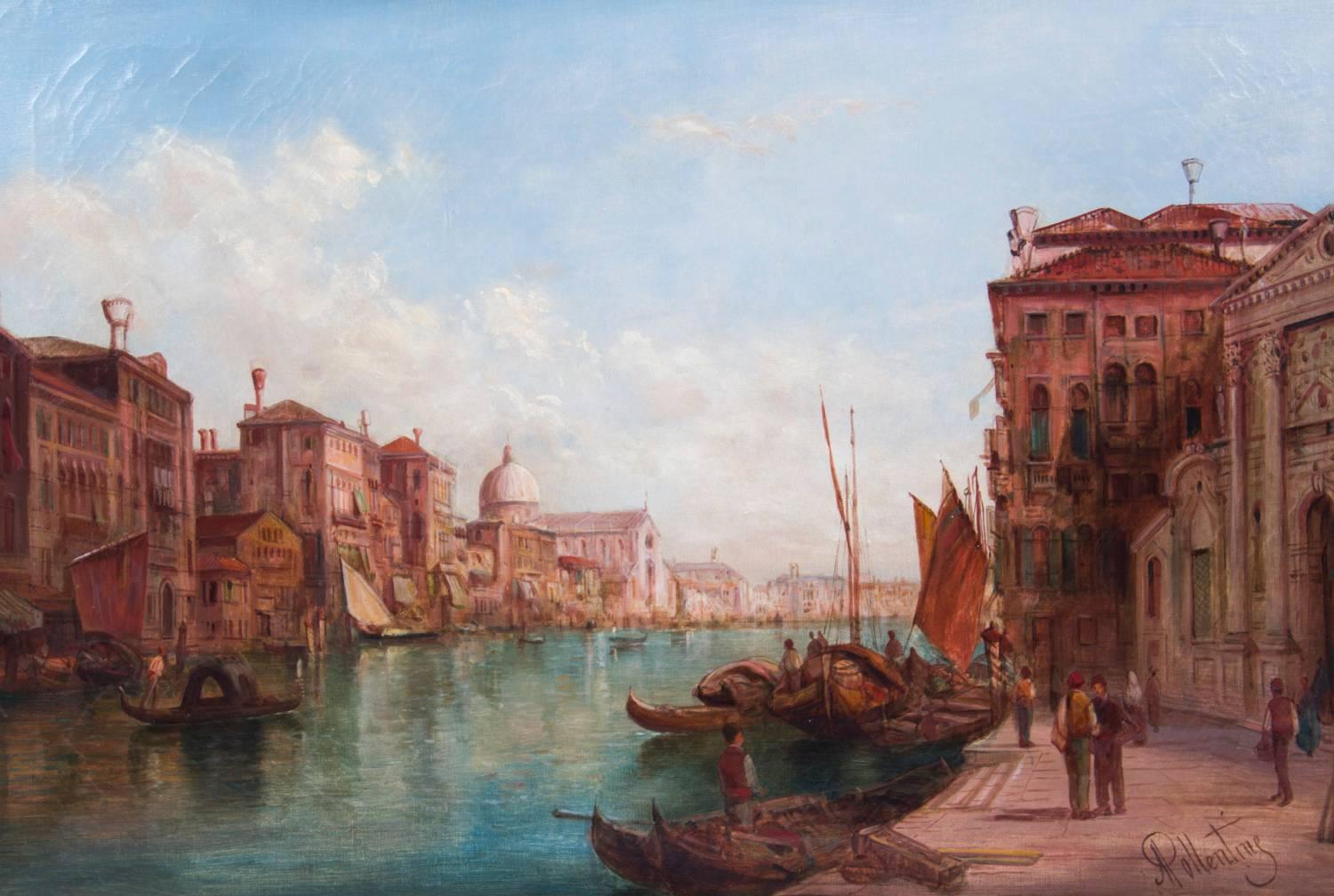 This is a beautiful oil on canvas painting of the view of the Grand Canal in Venice by the renowned British artist Alfred Pollentine (1836-1890) and signed lower right 