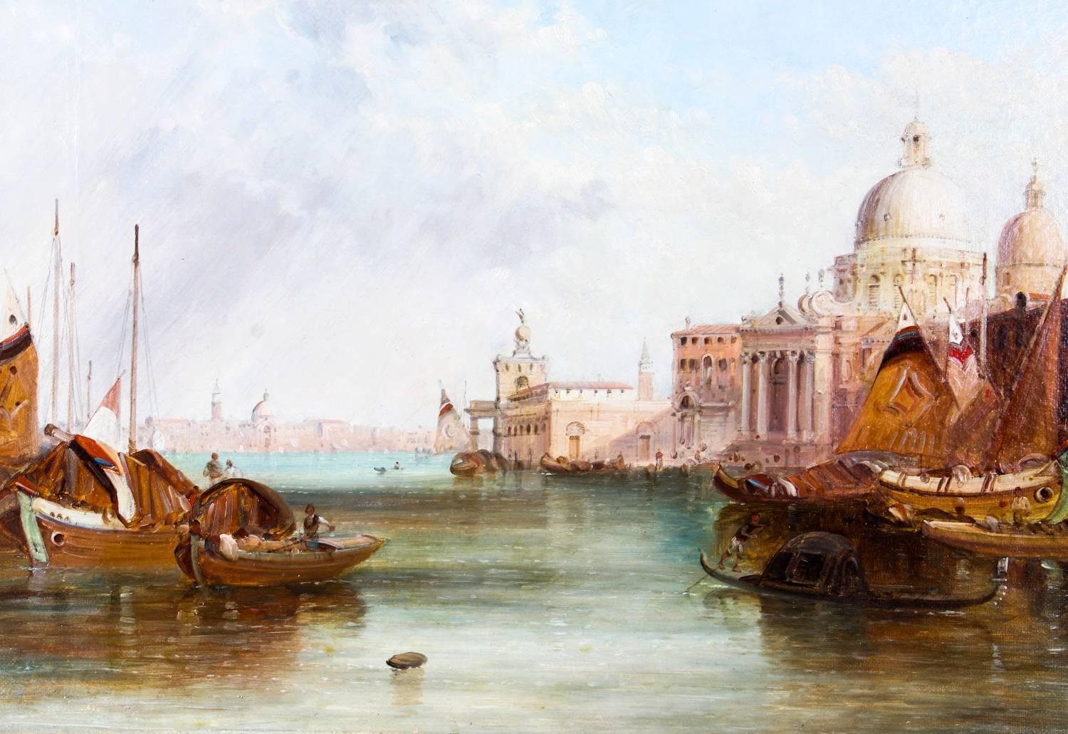 This is a beautiful oil on canvas painting of the view of the Santa Maria dell Salute in Venice by the renowned British artist Alfred Pollentine (1836-1890) and signed lower right 'A Pollentine/86'.

This beautiful landscape captures a striking