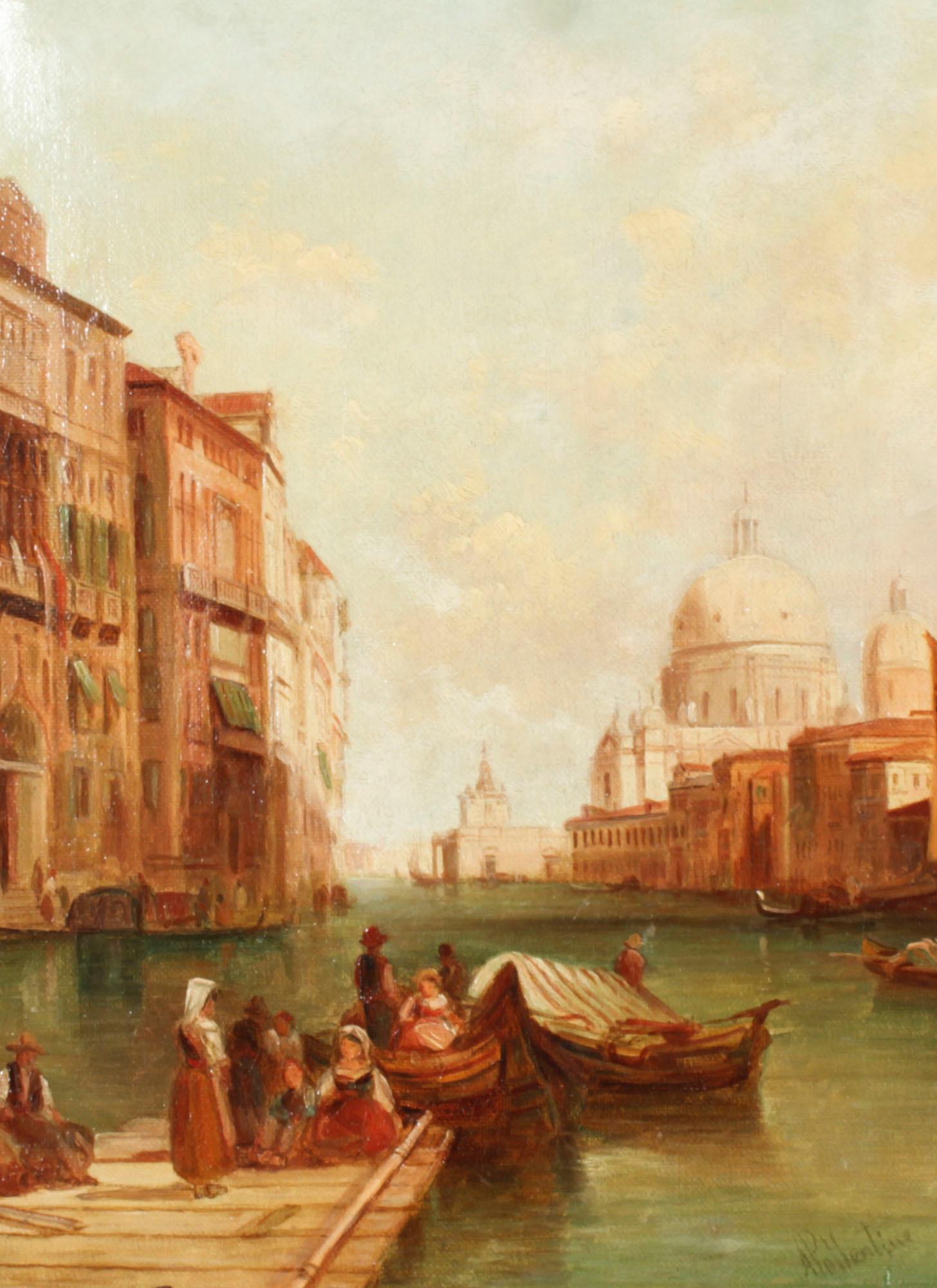 Il s'agit d'une magnifique huile sur toile représentant une vue du Grand Canal de Venise, réalisée par le célèbre artiste britannique Alfred Pollentine (1836-1890) et signée en bas à droite 