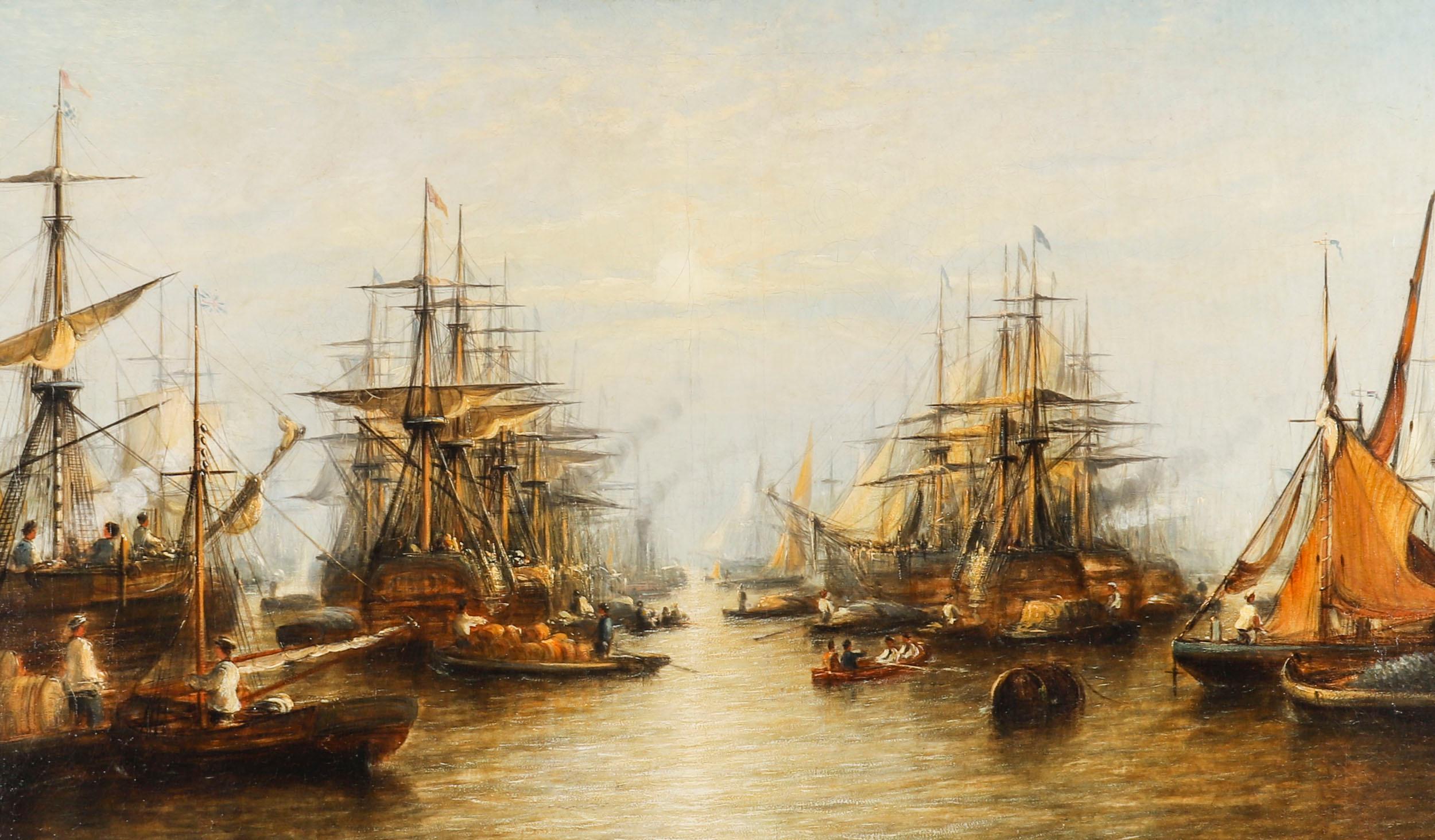 A large striking oil on canvas painting of a harboured Naval Flotilla attributed to Francis Moltino Mid-19th Century in date.

The painting presents a busy harbour scene with an anchored Naval Flotilla and a clear blue sky with calm waters.

Francis