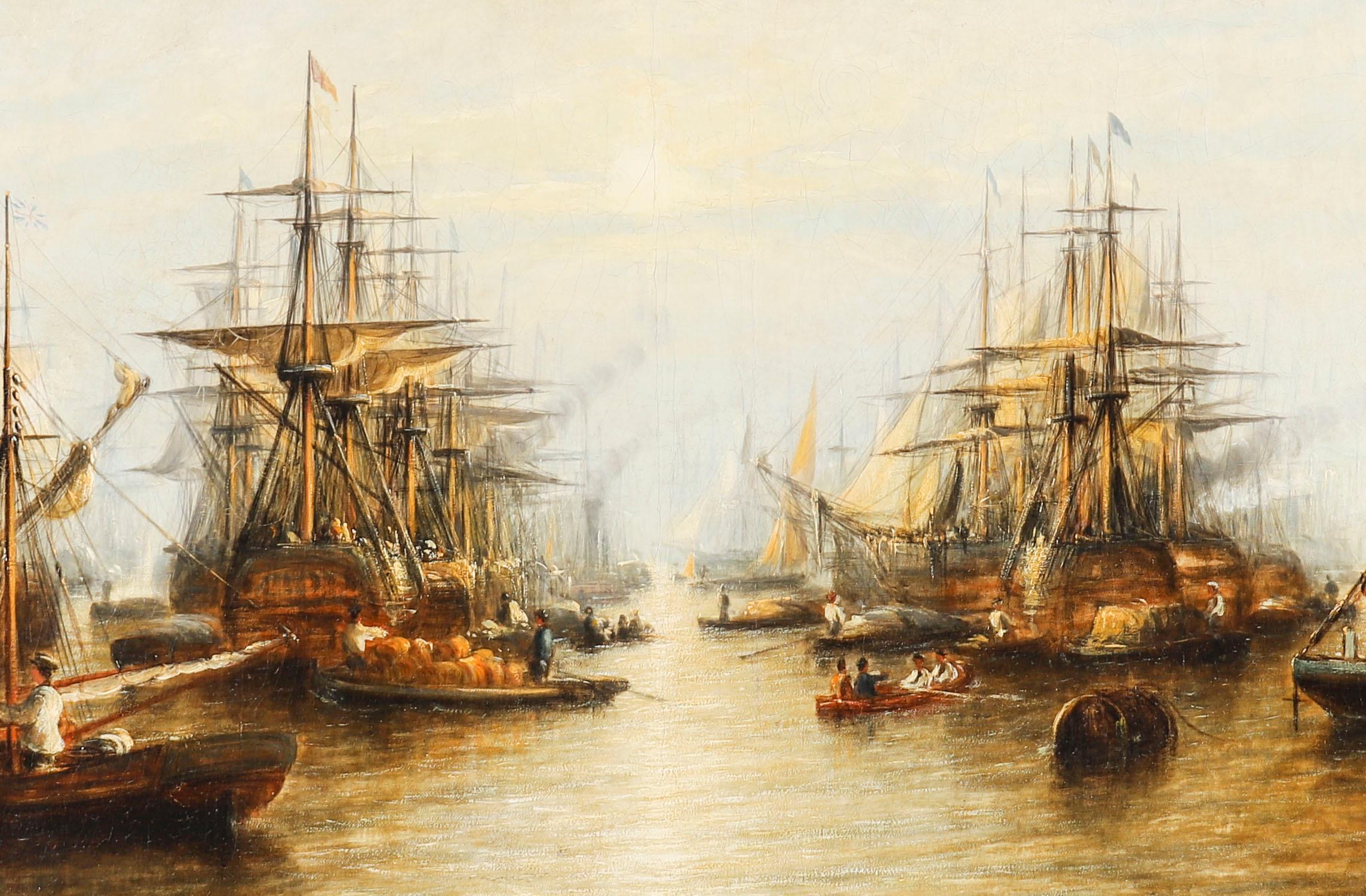 English Antique Oil Painting Harboured Naval Flotilla Att Francis Moltino 19th Century For Sale