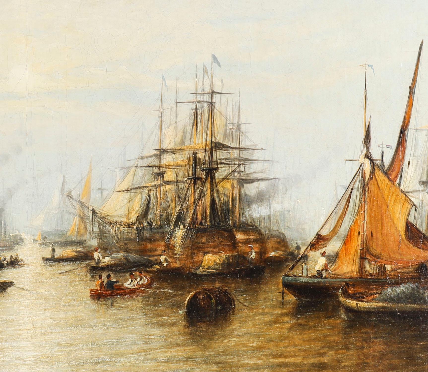 Canvas Antique Oil Painting Harboured Naval Flotilla Att Francis Moltino 19th Century For Sale